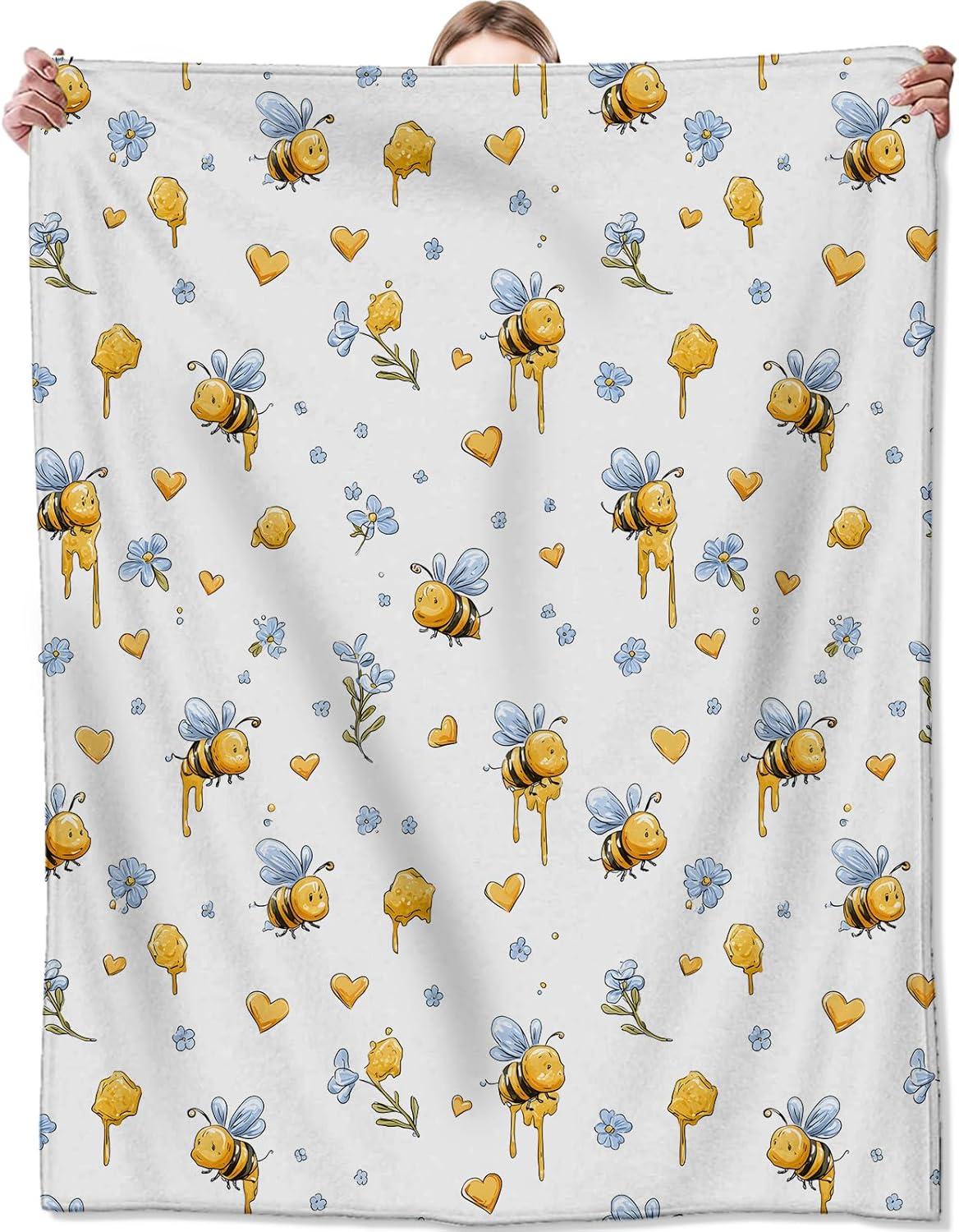 Funny Bee Blanket,Honey and Flower Print Flannel Throw for Kids,Women,Insect Lovers as Gifts,Cozy Soft Blankets for Couch,Bed,Office,Camping,Decorative Throws,50x60 Inch
