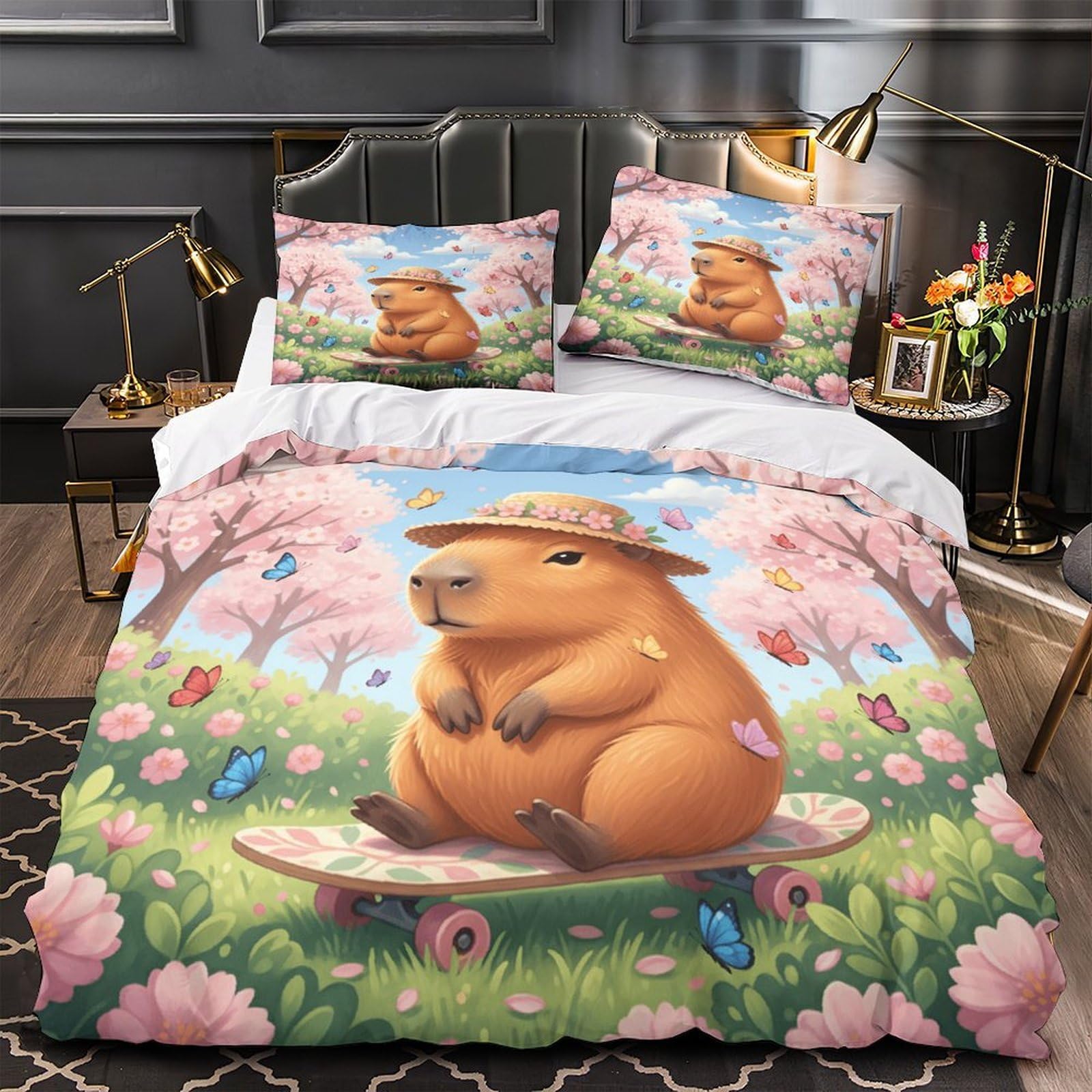 Housse de Couette Capybara Ultra Douce Finition Anti-Plis pour Lit Double Enfant
