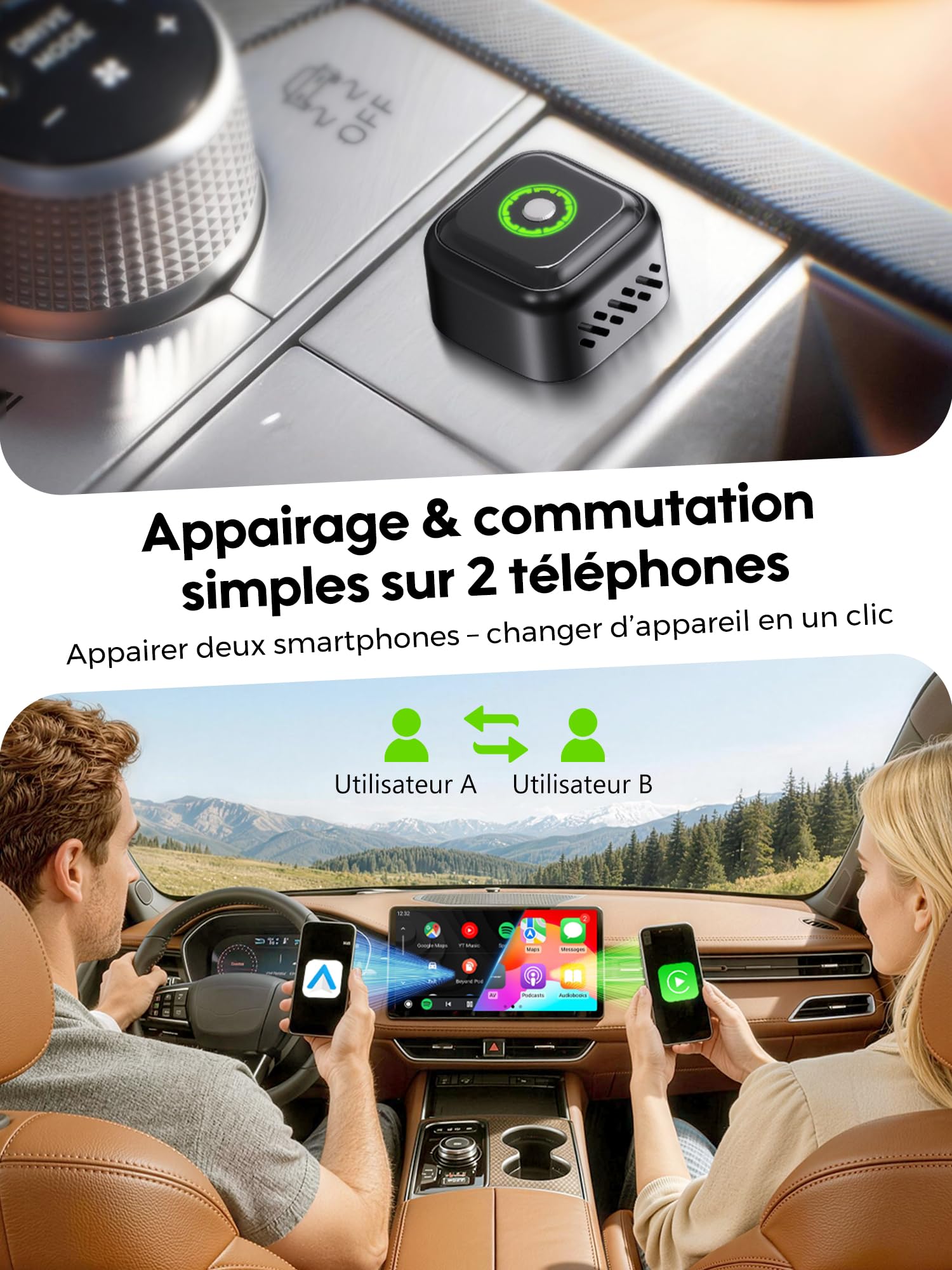 kungfuren Adapter samochodowy Android Carplay bezprzewodowy: adapter 2 w 1 Plug and Play USB/C Mini dongle Konwerter z przewodowego na bezprzewodowy dla iOS 10+/Android 11+ i samochodów od 2018 roku