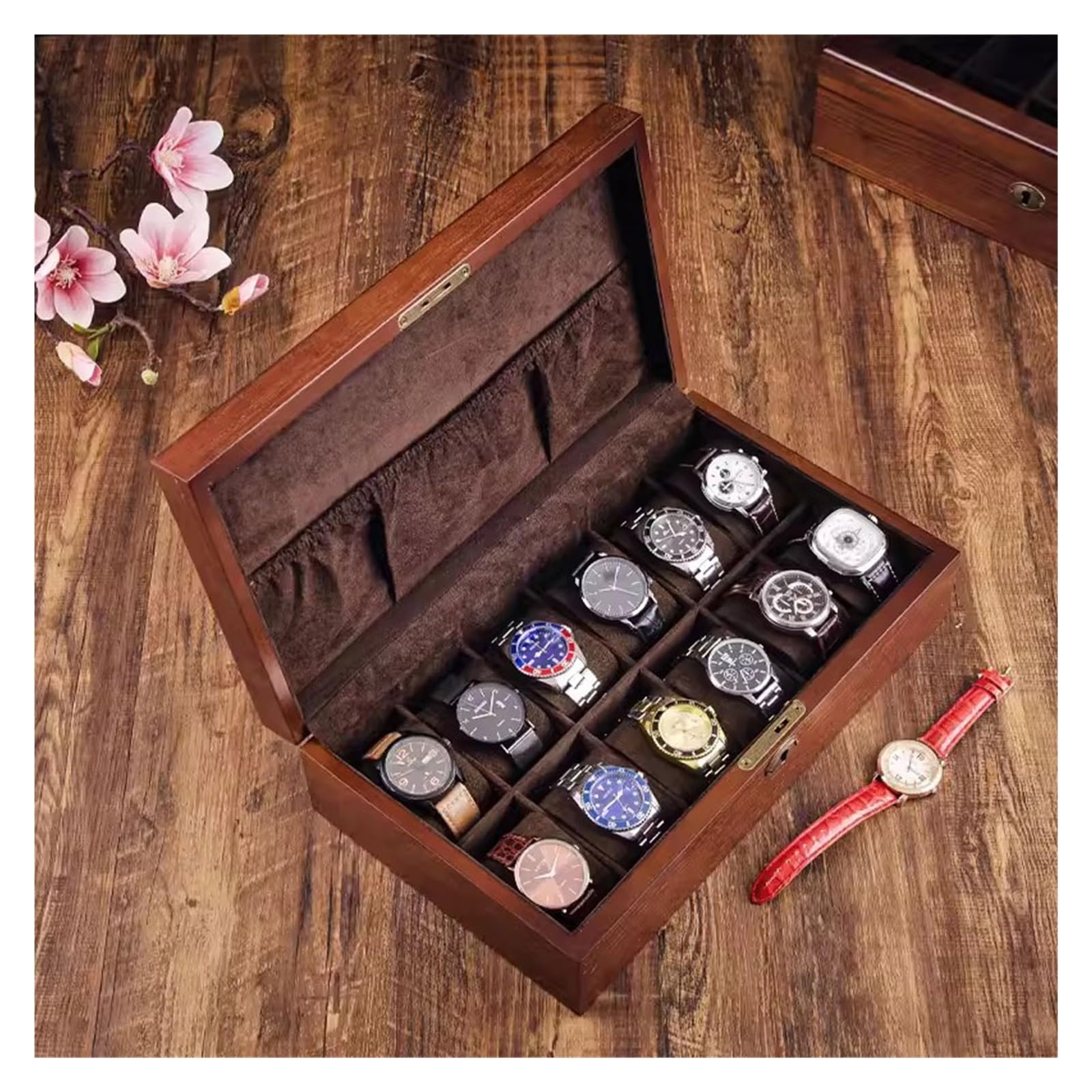 ANVLOJRIH Watch Box Wooden 12-slot Watch Storage Box With Glass Skylight Watch Display Box Two-layer Watch Jewelry Storage Box Watches Box(B)