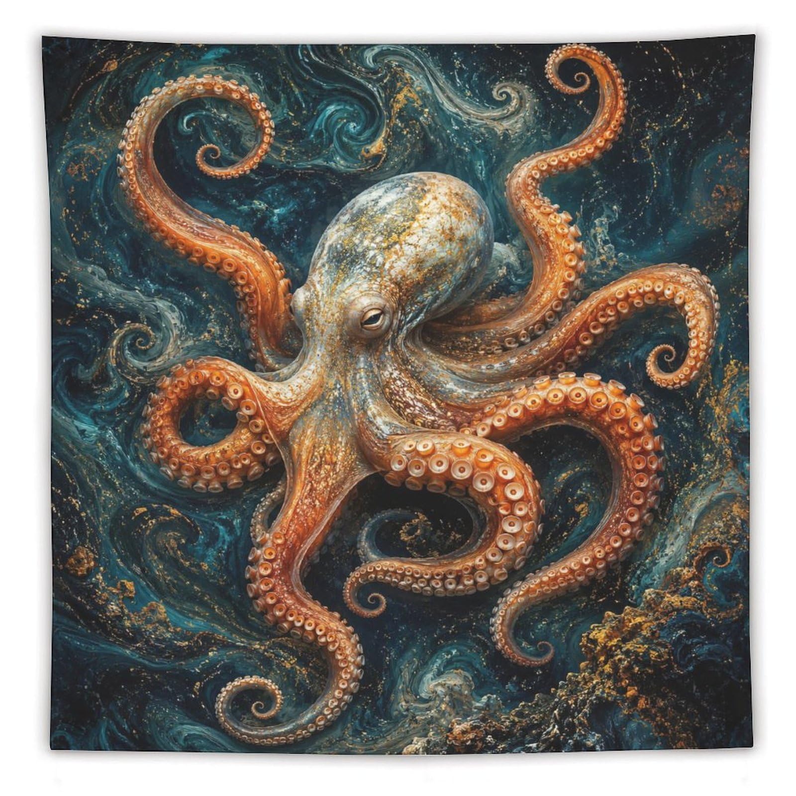 W7C8U2X3 Dark Ocean Octopus Wall Tapestry, Detailed Illustration, Backdrop