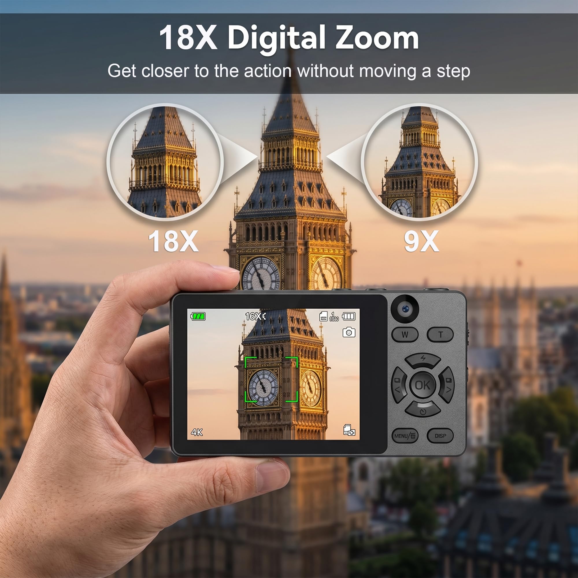 Fotocamera compatta 4K 64MP con scheda SD da 32 GB, schermo IPS da 2,8", zoom digitale 18x, autofocus, batteria da 2000 mAh, trasferimento USB, regalo per bambini, adolescenti e principianti, nero