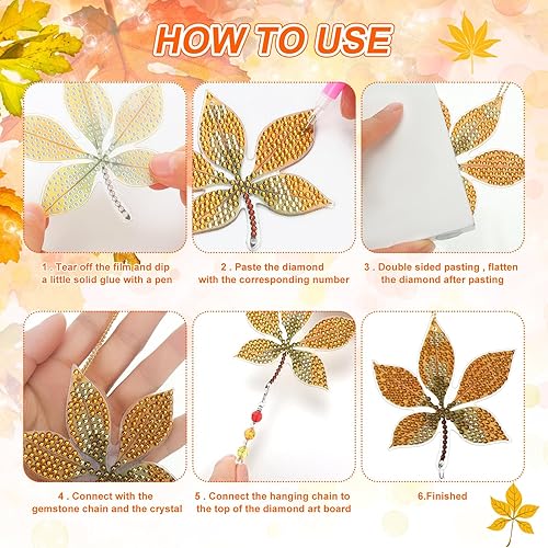 Miniatura 4 de Yeaqee Juego de 6 piezas de arte de diamantes de otoño, atrapasoles, hojas de arce, campanillas de viento, pintura de diamante de doble cara para