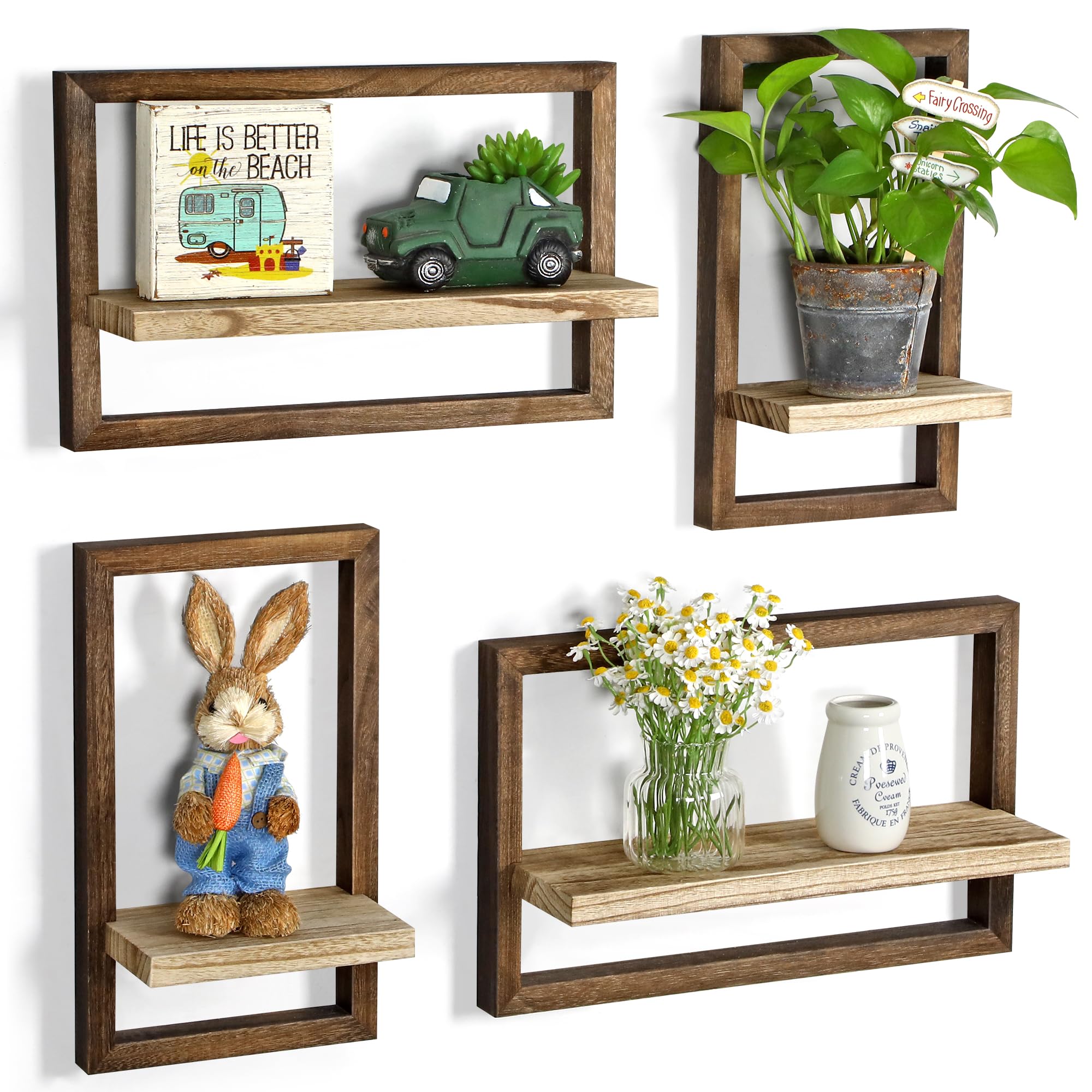 DifferTemp Floating Shelves Wall Mounted Bathroom Shelf Rustic Farmhouse Wall Shelves for Living Room, Bedroom, Bathroom, Kitchen, Plants, Wall Decor, Wood Shelves Set of 4, Brown