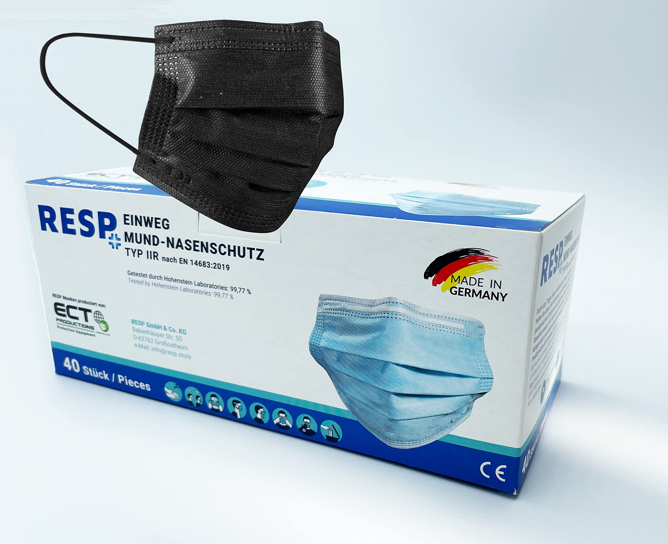 RESP Medizinische OP Maske - MADE IN GERMANY Typ IIR CE Zertifiziert 40 Stück Mundschutz Masken medizinisch für Erwachsene Einwegmaske Chirurgische Mund - Nasen Schutzmaske Einwegmasken