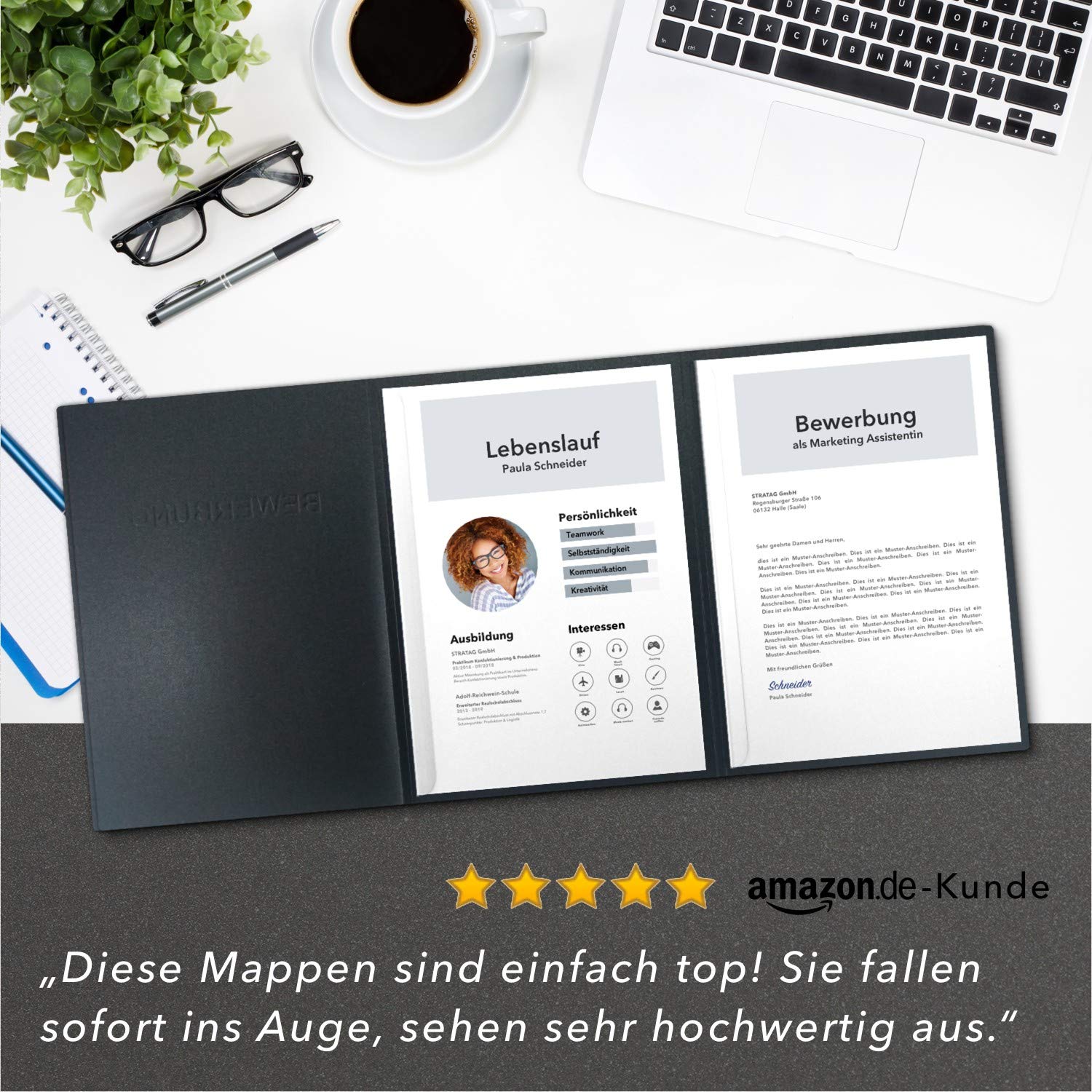 20 Stück 3-teilige Bewerbungsmappen Anthrazit Metallic mit 2 Klemmschienen - Premium-Qualität mit hochwertiger Prägung BEWERBUNG - direkt vom Hersteller STRATAG