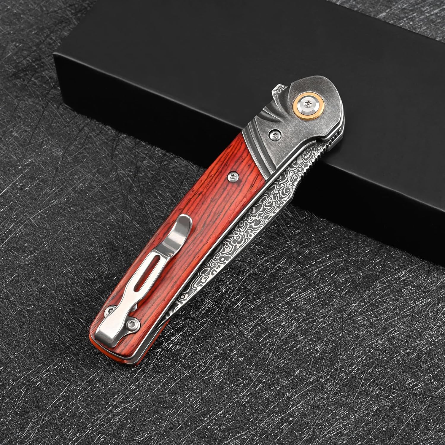 Damascus Pocket Knife with Clip Folding Knives for Men Tactical Hunting Outdoors Camping Survival Gear Edc Tools fishing Knifes (Black steel head)
