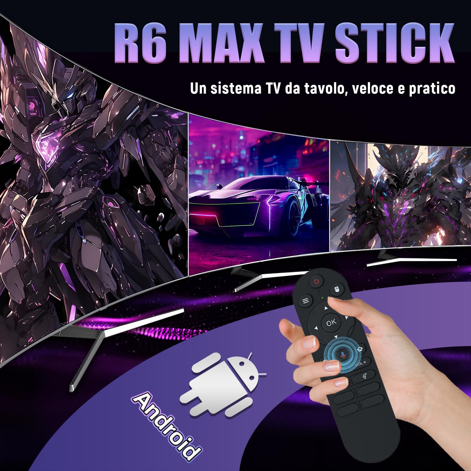 R6 Max Android 16 TV Stick, Smart TV Stick 4K HD, Processore H313 Quad-core, Wi-Fi Dual Band 2,4 GHz e 5 GHz, Telecomando Vocale Bluetooth, Lettore Multimediale Compatto per Home Teater e Viaggi