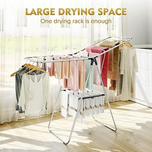 Miniatura 8 de APEXCHASER Perchero de Ropa, Perchero de Secado de Ropa con Altura Ajustable, Plegable con Alas de Gaviota para Lavandería, Uso en Interior y