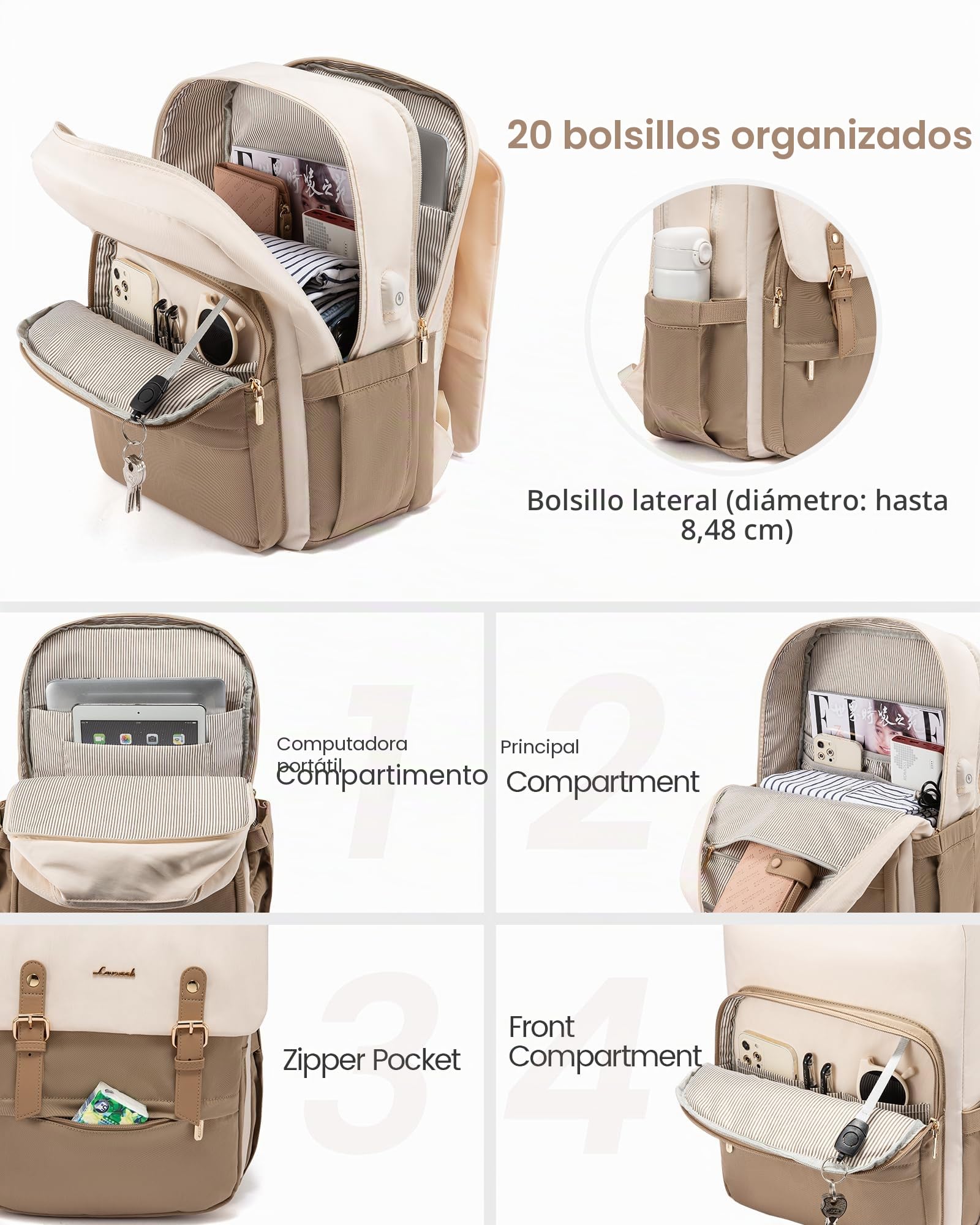 LOVEVOOK 17 Pulgadas Mochila Portatil Mujer, Mochila Antirrobo Impermeable Elegante para Ordenador Portátil con Carga USB para la Viajes, Universidad, Beige - Café