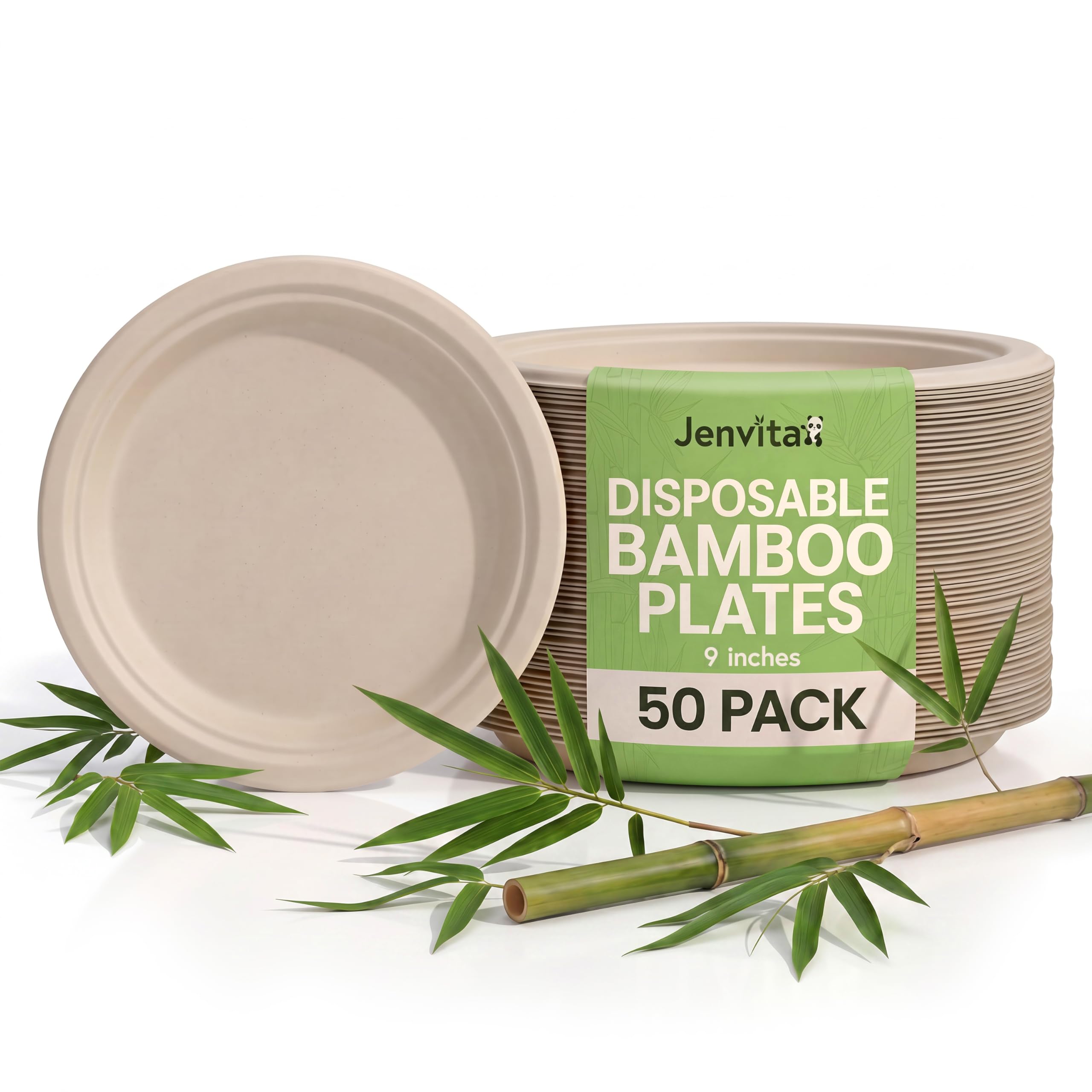 Jenvita Paper Bamboo Plates Disposable 9 Inch 50 Pack