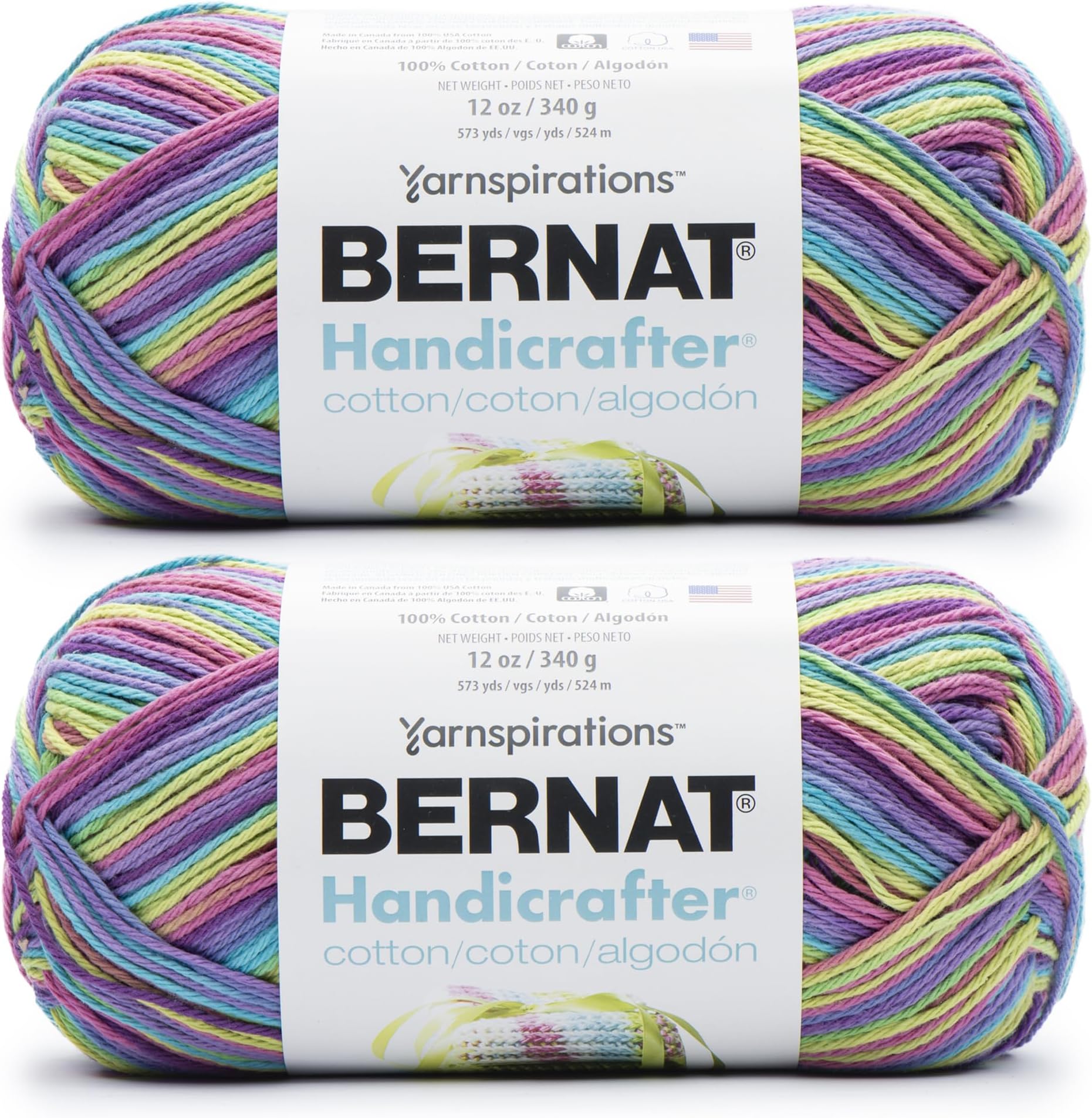 Bernat Handicrafter Cotton BB Lively Yarn - 2 Pack of 12oz/340g - Cotton - #4 Worsted (Medium) - 608 Yards - Knitting & Crochet