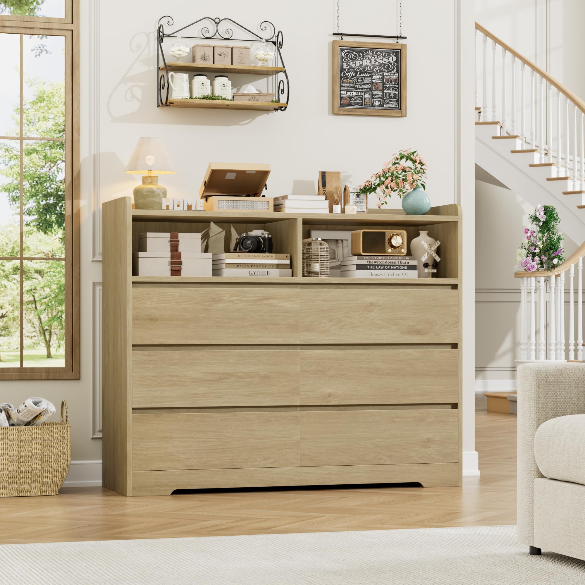 FOREHILL Comodas y Cajoneras Dormitorio Roble Anch. 120 cm Cajonera Armario Interior Comoda 6 Cajones 2 Compartimentos Abiertos para Salón Dormitorio Pasillo 120x40x100 cm