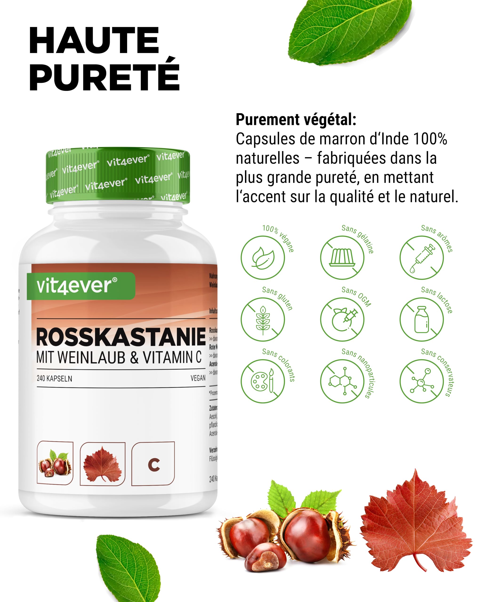 Extrait de marron d'Inde - 240 gélules - Hautement dosé avec 1330 mg d'extrait par portion journalière - Marron d'Inde avec feuilles de vigne & vitamine C d'acérola - Sans additif indésirable, végétal