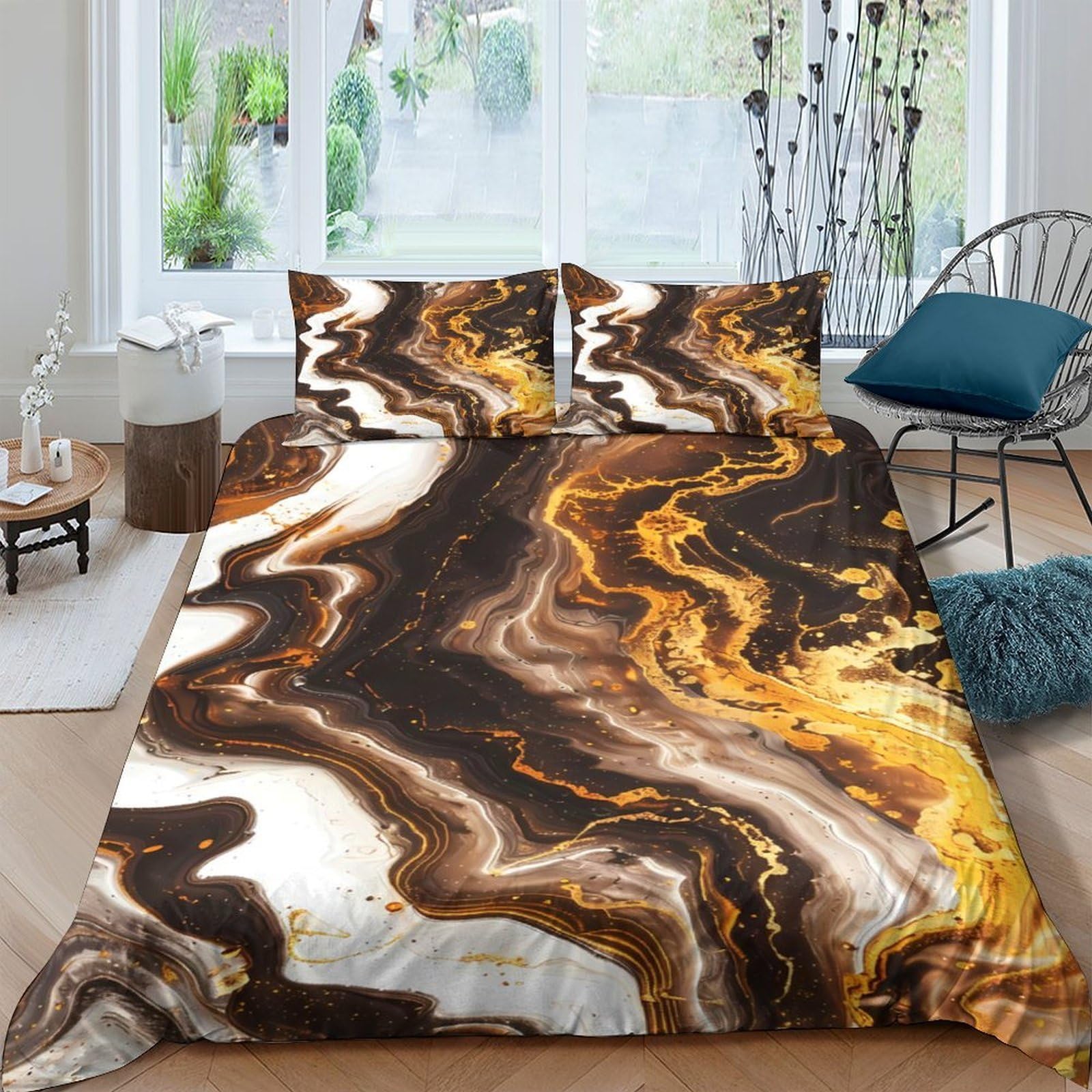 Ctjqhvkz Style-2 3D Printed Marble Gold Swirl Fitted Sheet Microfiber Bedroom Decor Brown Abstract Bed Cover Mattress Protection Single（135X200cm）