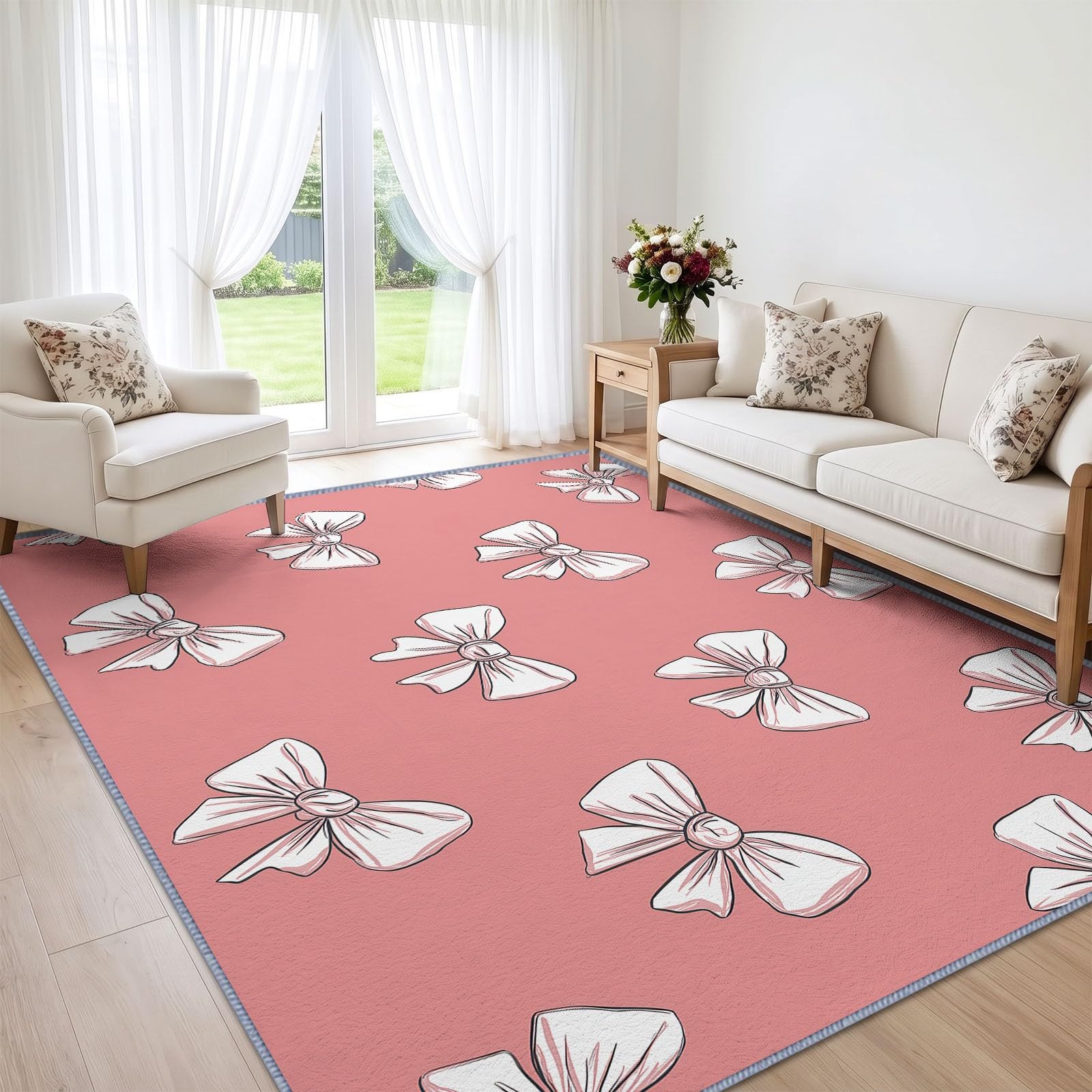 Generisch Minimalistisch niedlich Teppich Pflegeleichter Stilvolle Wahl, Weiße Schleife rosa Hintergrund Kurzflor Waschbar Teppich 240 x 300 cm Weich und ideal für Wohnzimmer Schlafzimmer Esszimmer