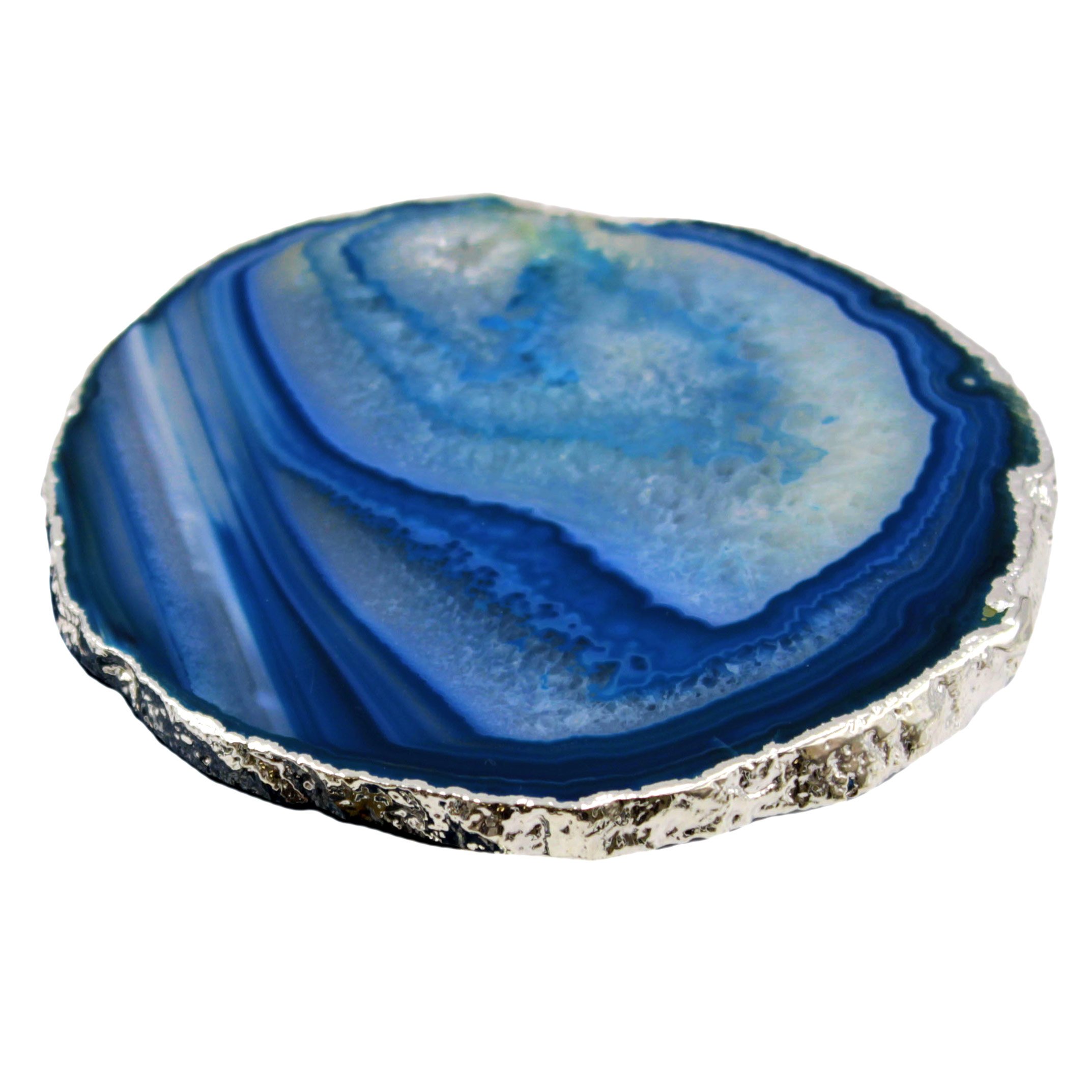 Single Authentic Brazilian Agate Slice with Silver Plated Rim - Protective Rubber Bumpers and Certified Agate Card Included. Blue (5"-6")