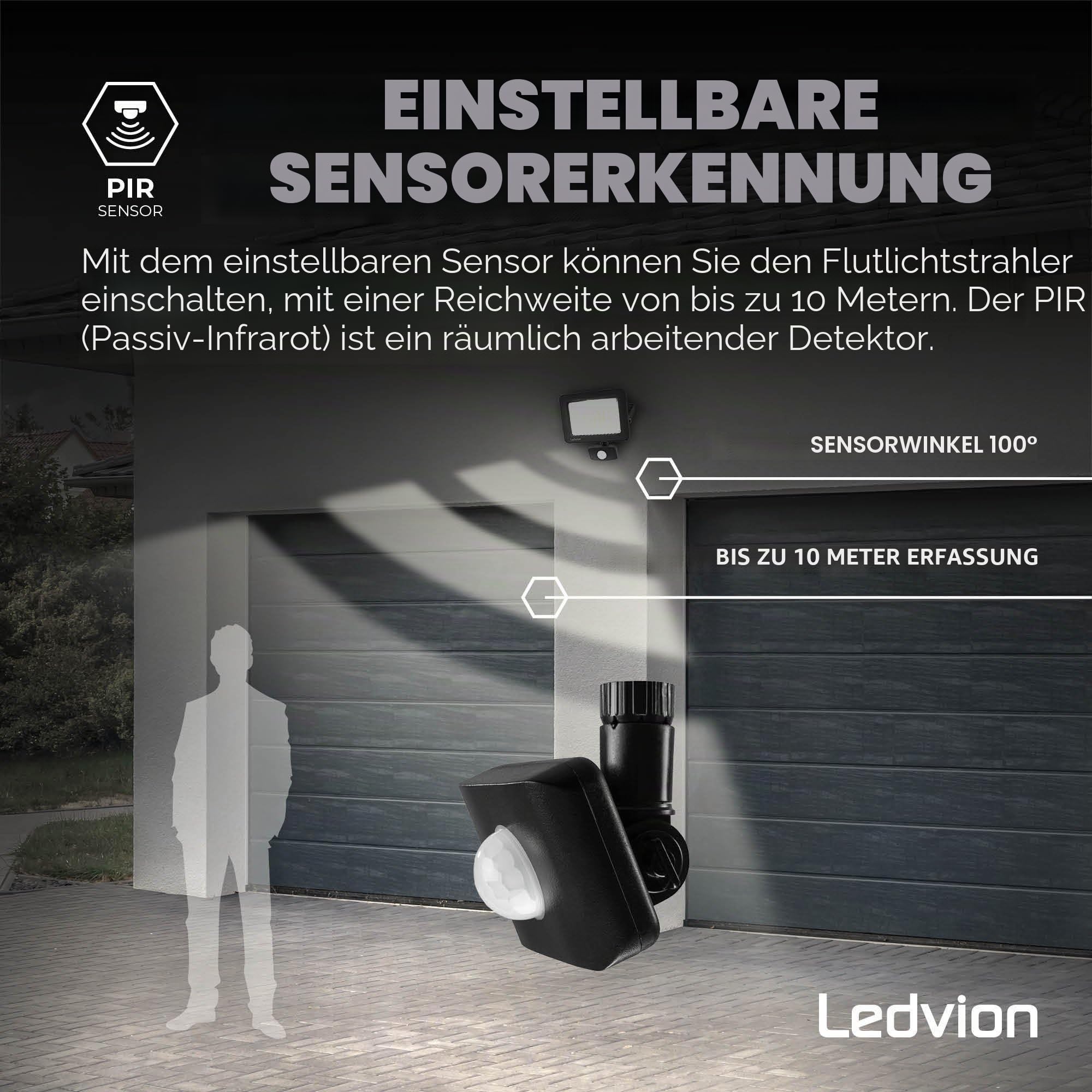 Ledvion LED Strahler mit Bewegungsmelder 150W IP44 6500K 18000lm | Reagiert automatisch auf Bewegung rund um Einfahrt Garten Hof und Fassade