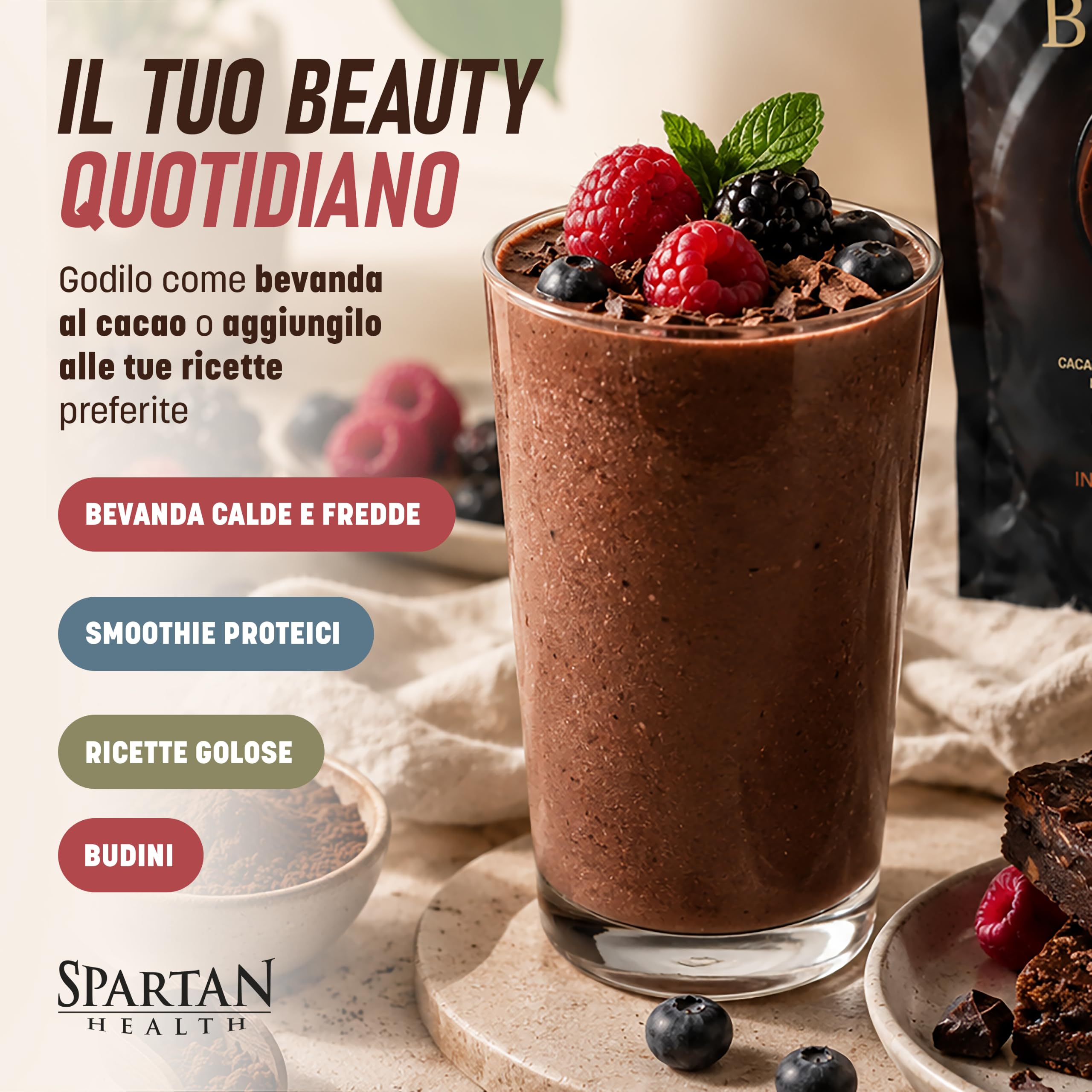 Cacao Beauty – Collagene in Polvere al Cioccolato Peruviano – Collagene Idrolizzato con Acido Ialuronico – Collagene per la Pelle del Viso, Capelli e Unghie – Senza Zucchero