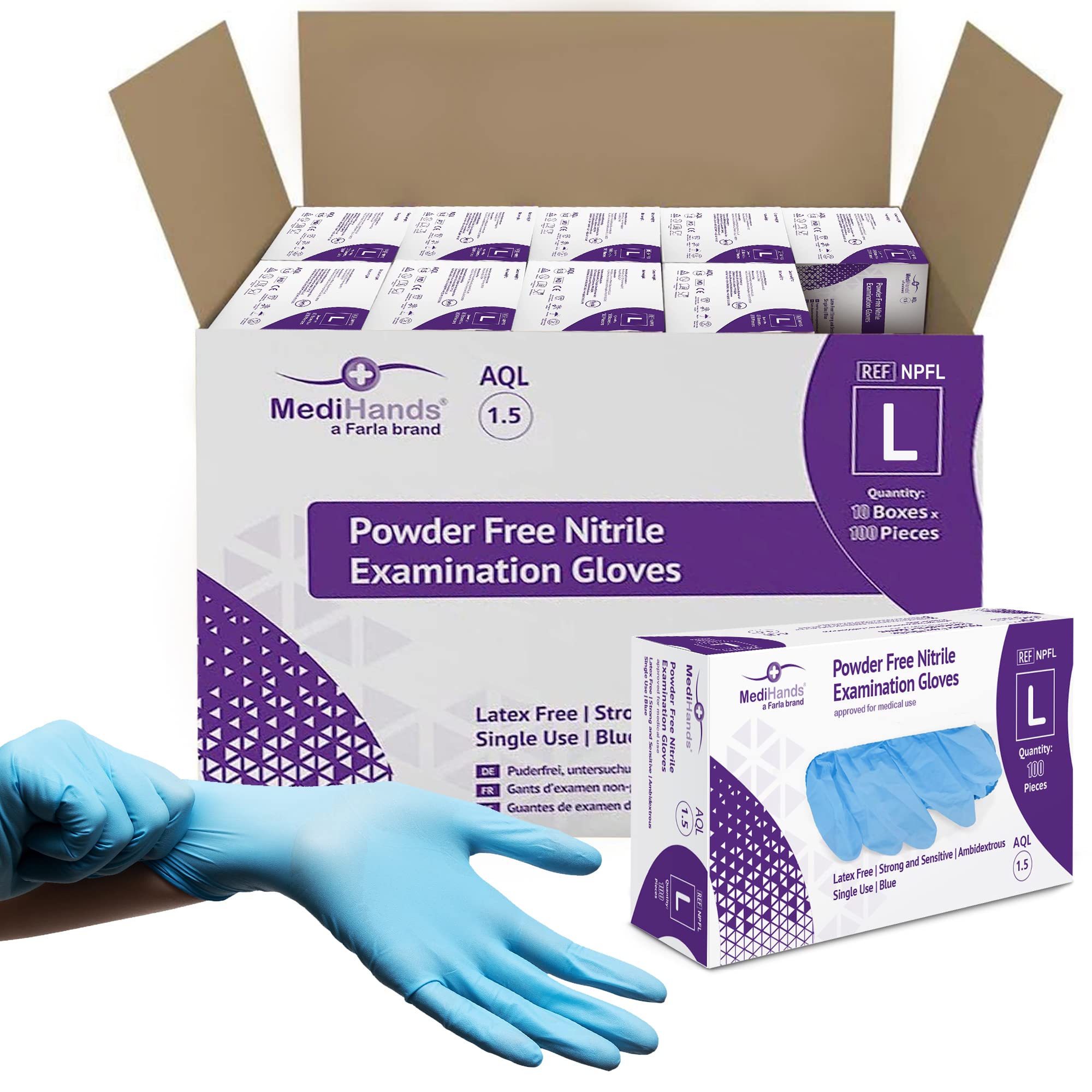 MediHands Nitrile Gloves, Blue Heavy Duty Disposable Gloves, Powder Free, Latex Free, and Protein Free, Medical, Food, Multi Use, Pack of 100 (L (Pack of 1000))