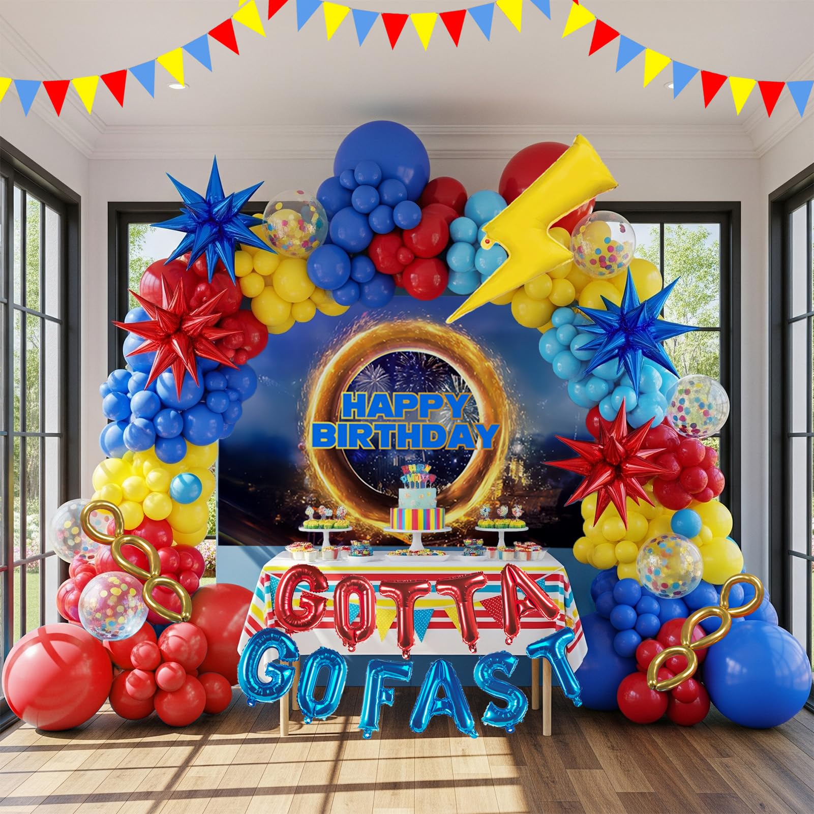 Red Blue Yellow Hedgehog Birthday Party Decorations with Letter Lightning foil balloons Banner backdrop for small balloon arches video game Cartoon