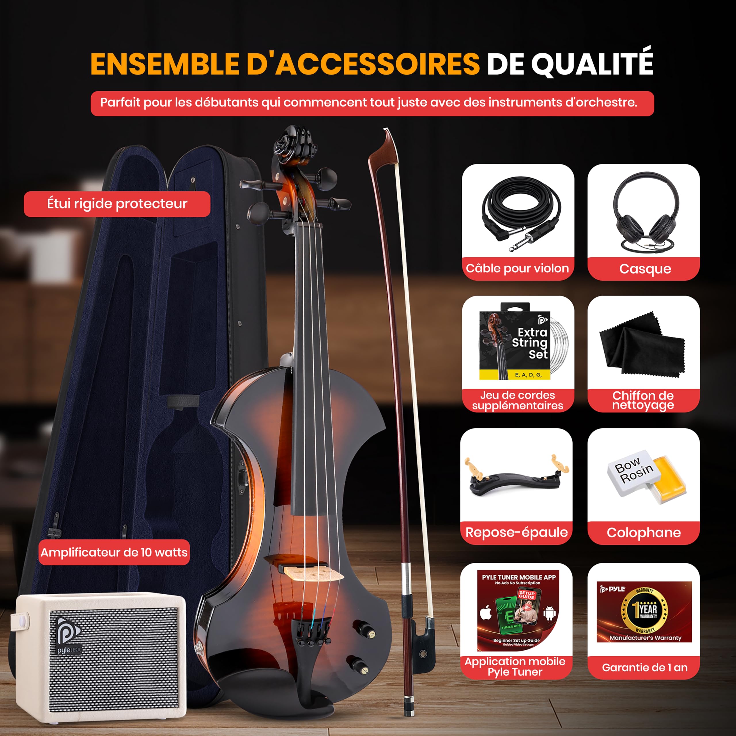 Pyle Violon 4/4 Adulte Électronique Silencieux avec Kit Amplificateur – Violon en Bois Massif avec Amplificateur 10W et Accessoires Complets-Instrument à Cordes Orchestral Taille Complète