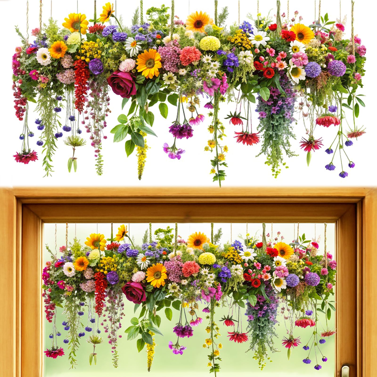 Flower Hanging Window Stickers Static Cling Window Film, Stain Glass Spring/Summer Window Film Self Adhesive for Glass Wall Bird Anti-Collision, Vivid Flowers Removable Residue-Free Double-Side