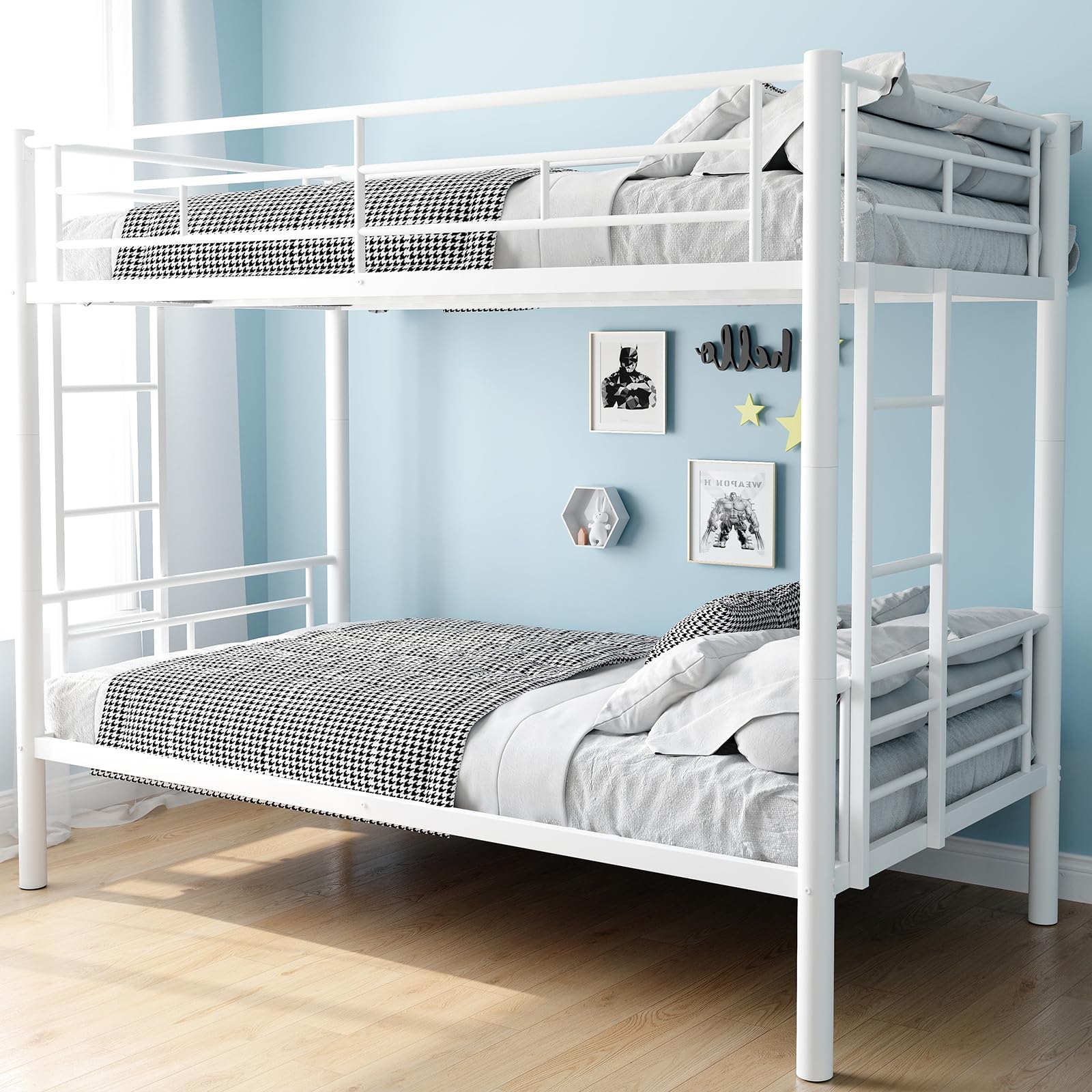 Twin Over Twin Bunk Bed,Heavy Duty Metal Bunk Bed Frame for Adults,2 Side Ladder,Guardrail,Space-Saving,Noise Reduced,No Box Spring Needed,Black (White, Twin Over Twin)