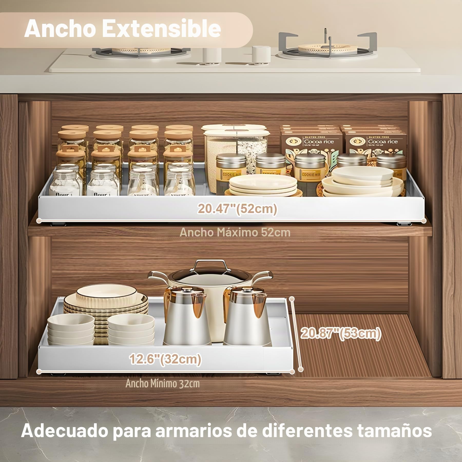 4 Pieza Cajón Telescópico para Pegar, (32-52 cm ancho × 53 cm prof. × 7,5 cm alto) Extraíble para Cocina, Organizador de Cajones de Cocina, sin Necesidad de Taladrar ni Clavar, Blanco