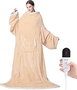 Wearable Electric Blanket with Foot Pocket and Sleeves, Heating Throw Blanket, 6 Heating Levels & Auto Shut Off, Machine Washable (Long, Beige)