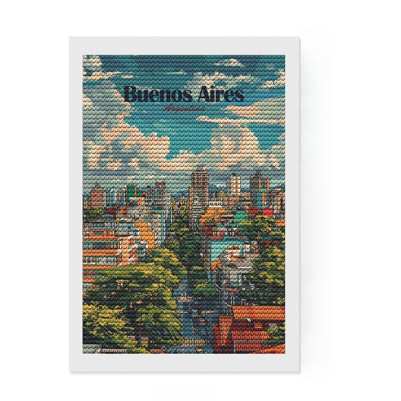 Junmoney Buenos Aires Argentina Cityscape Illustration Diamond Art Kit 8"x12", for Women, Full Kit Included, Boho Decor, Birthday Gift, Creative Leisure Activity