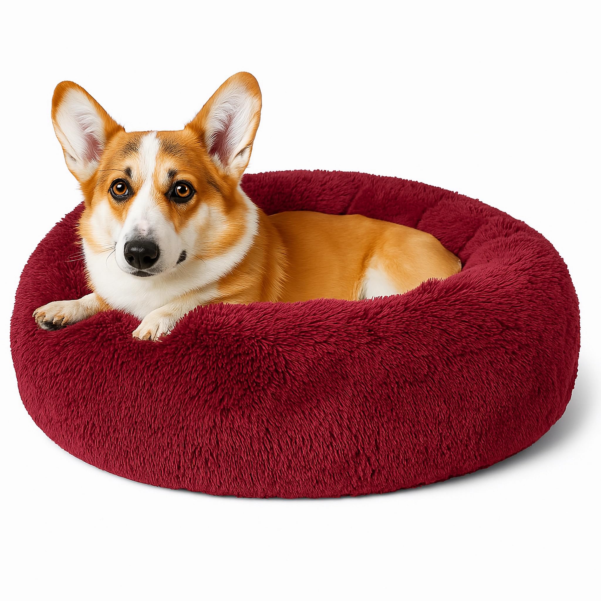 SEOUGEE Calming Donut Dog Bed, Fluffy Plush Round Cat Bed, Cosy Soft Washable Cushion Self-Warming Pet Beds Non-Slip Bottom, Indoor Sleeping Cuddler Nest for Medium Large Dogs (Burgundy 80cm)