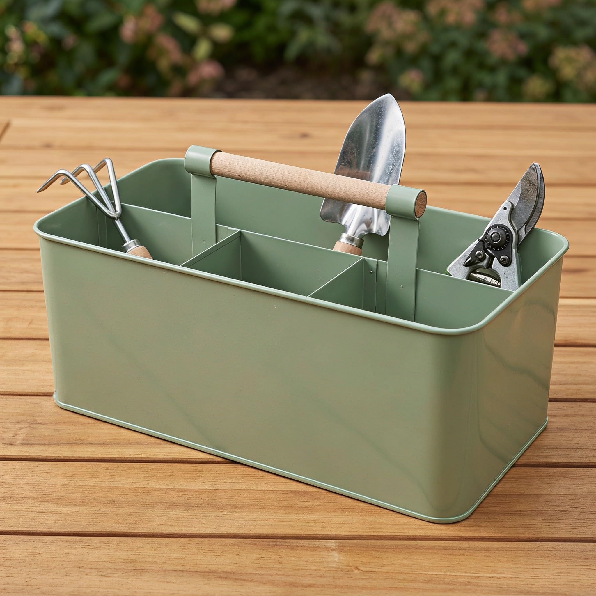 Toyvian Cesta Organizadora de Jardín con Mango de Madera con 4 Compartimentos, Cesta Metálica Verde para Herramientas de Jardinería, Uso Interior y Exterior