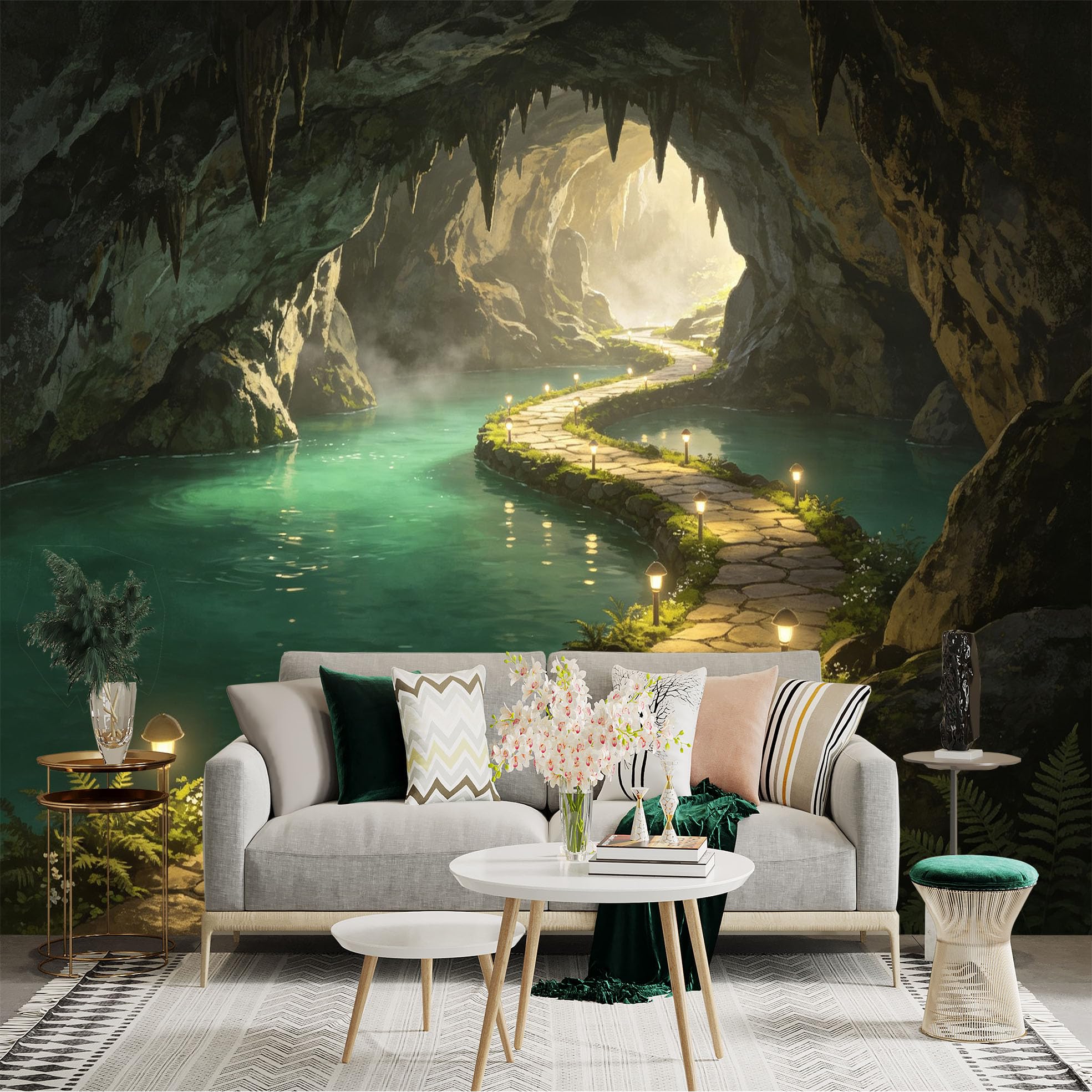 Custom Size Wall Sticker Mural， Mysterious Limestone Cave with Stone Path， Glowing Pathway by Underground River， Natural Serene Landscape， for wall Decoration， peelandstick wall Decals.