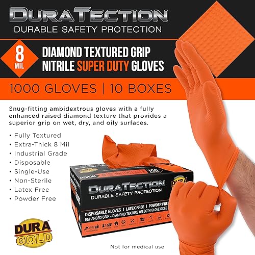 Miniatura 2 de Dura-Gold Duratection - Guantes desechables de nitrilo con textura de diamante de 8 mil, color naranja, 10 cajas de 100, medianos, sin látex, sin
