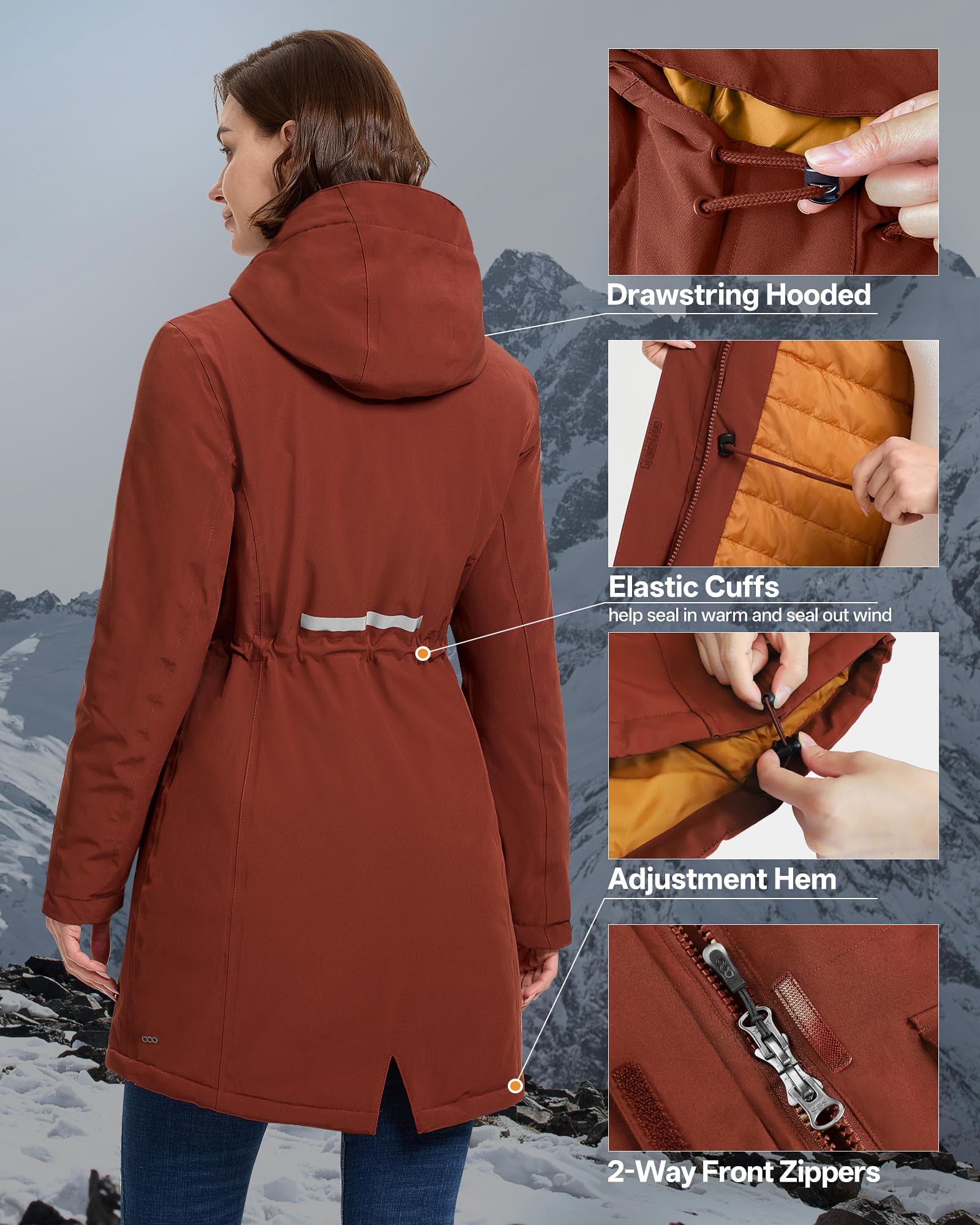 33,000ft Cappotto invernale da donna, lungo, caldo, parka, giacca funzionale ispessita, con cappuccio, giacca per le mezze stagioni