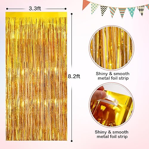 Miniatura 2 de Cortinas de flecos de papel de oropel metálico dorado, paquete de 4 cortinas de fondo de 3.3 x 8.3 pies para decoraciones de fiesta de cumpleaños,