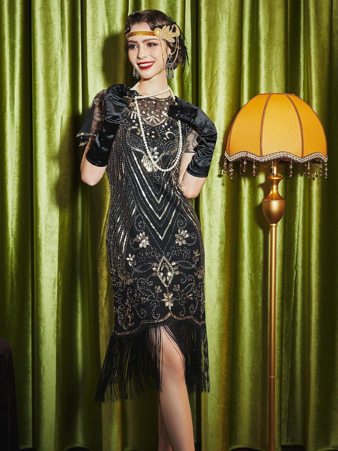 SWEETV Great Gatsby Lace Neck Flapper Dress - 1920s Dress for Women With Sleeve - Roaring 20s Costume - Image 2