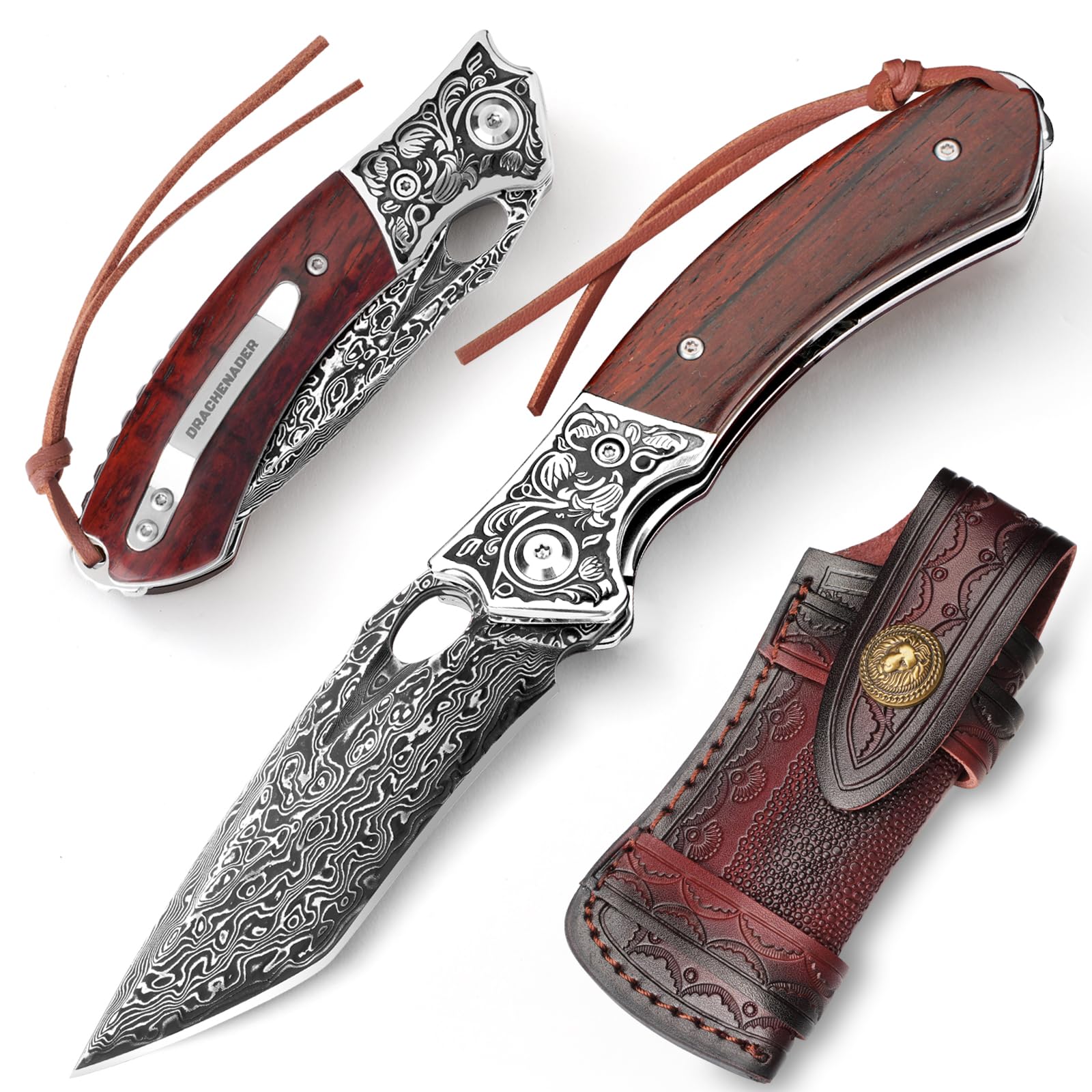 DRACHENADER Couteau Pliant Damas – Couteau de Poche Élégant avec Lame en Acier Damas et Manche en Bois, Étui en Cuir Inclus