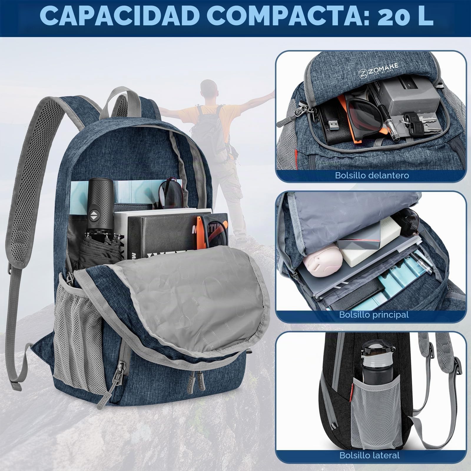 ZOMAKE Ultraligera Pequeña 20L Mochila Plegable para Senderismo Montaña Excursion Mochilas Ligeras Viajar para Hombre Mujer