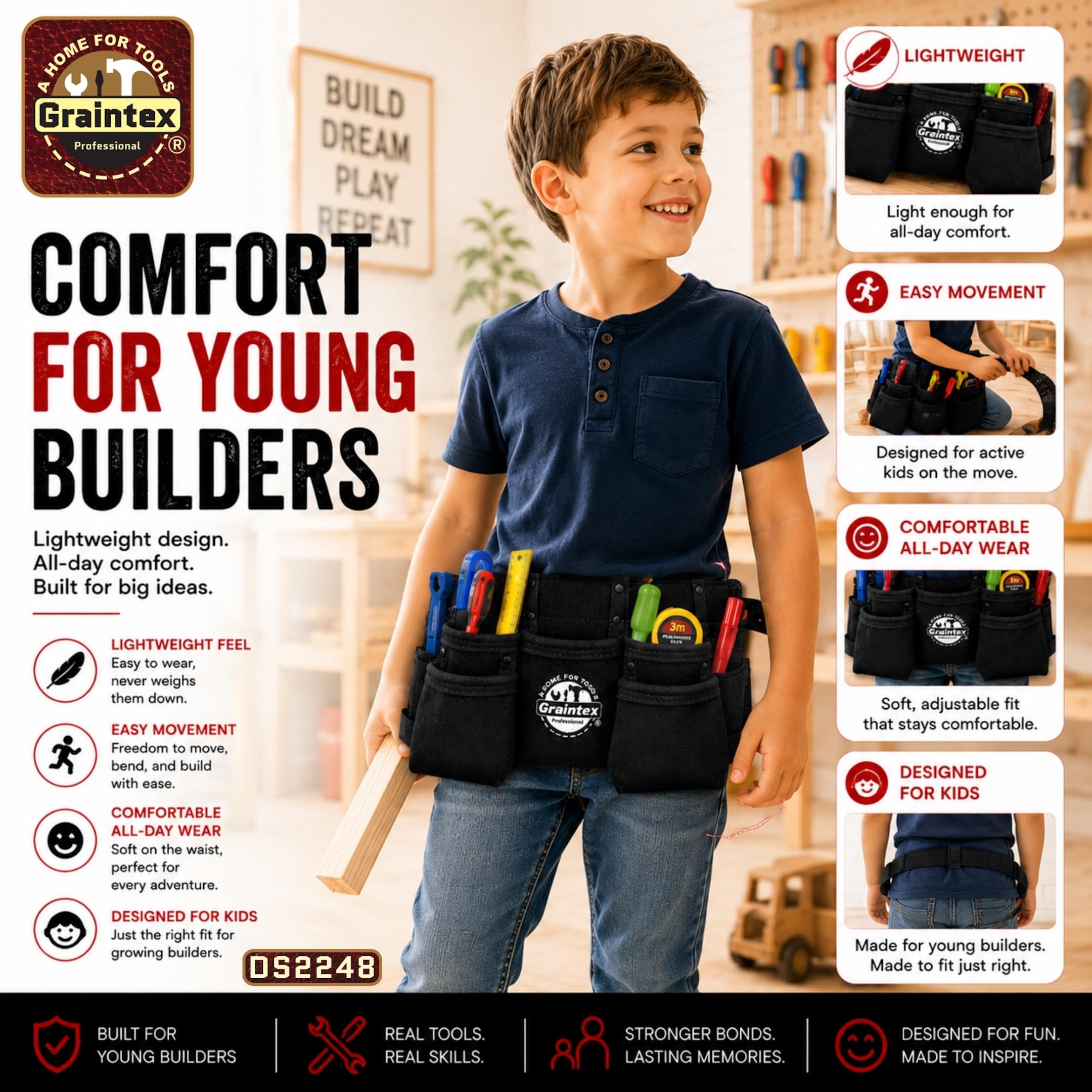 Graintex DS2248 Delantal de trabajo para niños con 9 bolsillos, color negro, piel de ante con cinturón de cuero de 1.1/2 pulgadas, 2 trabillas para soportes de martillo