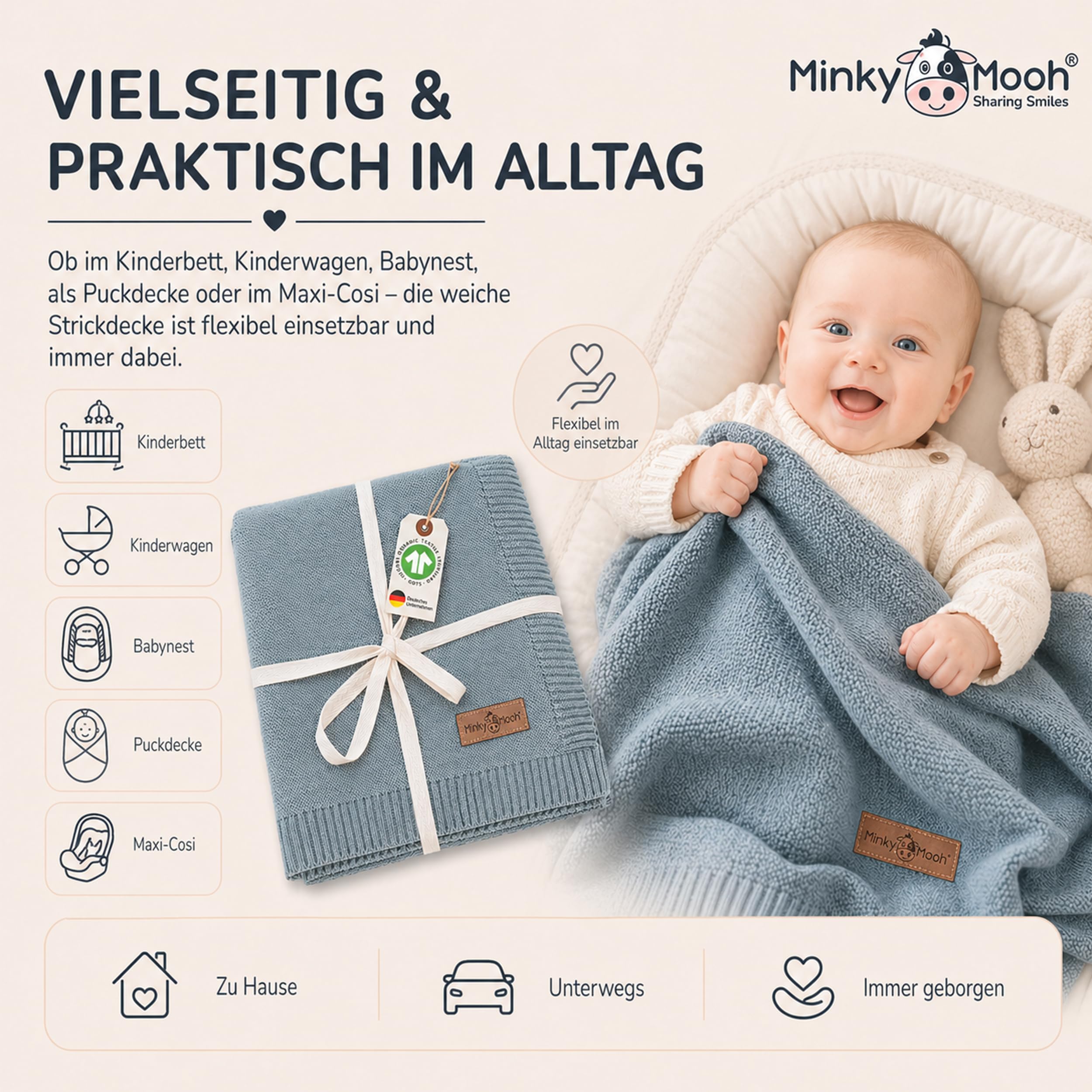 Babydecke aus 100% Bio Baumwolle (Öko-Tex 100) Gr. 94x72cm blau - Baby & Kuscheldecke Geschenk für Neugeborene zur Geburt Erstausstattung - Pucktuch & Baumwolldecke Mädchen & Jungen
