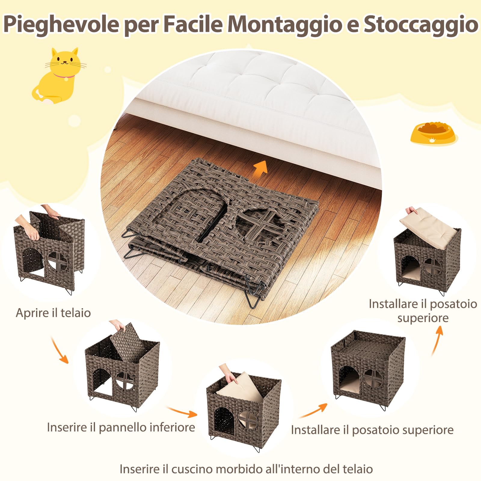 COSTWAY Casetta per Gatti in Rattan 50,5 x 45 x 50 cm, Cuccia a 2 Piani per Gatti con 2 Cuscini, Letto per Animali Domestici per Camera da Letto e Soggiorno