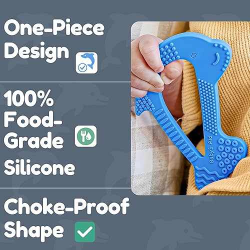 Miniatura 4 de Dolphin - Juguete mordedor de silicona con 8 zonas de textura, fácil agarre para manos pequeñas, a partir de 3 meses, Baby's Aid (arándano) Azul