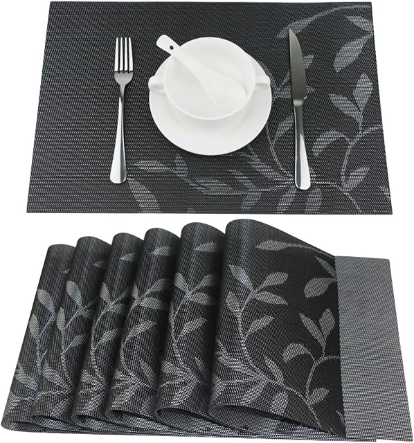 Fanuk Placemats Set of 6 Washable Heat Insulation Non-slip Woven Vinyl Place Mats for Kitchen and Dining Room Black Leaf