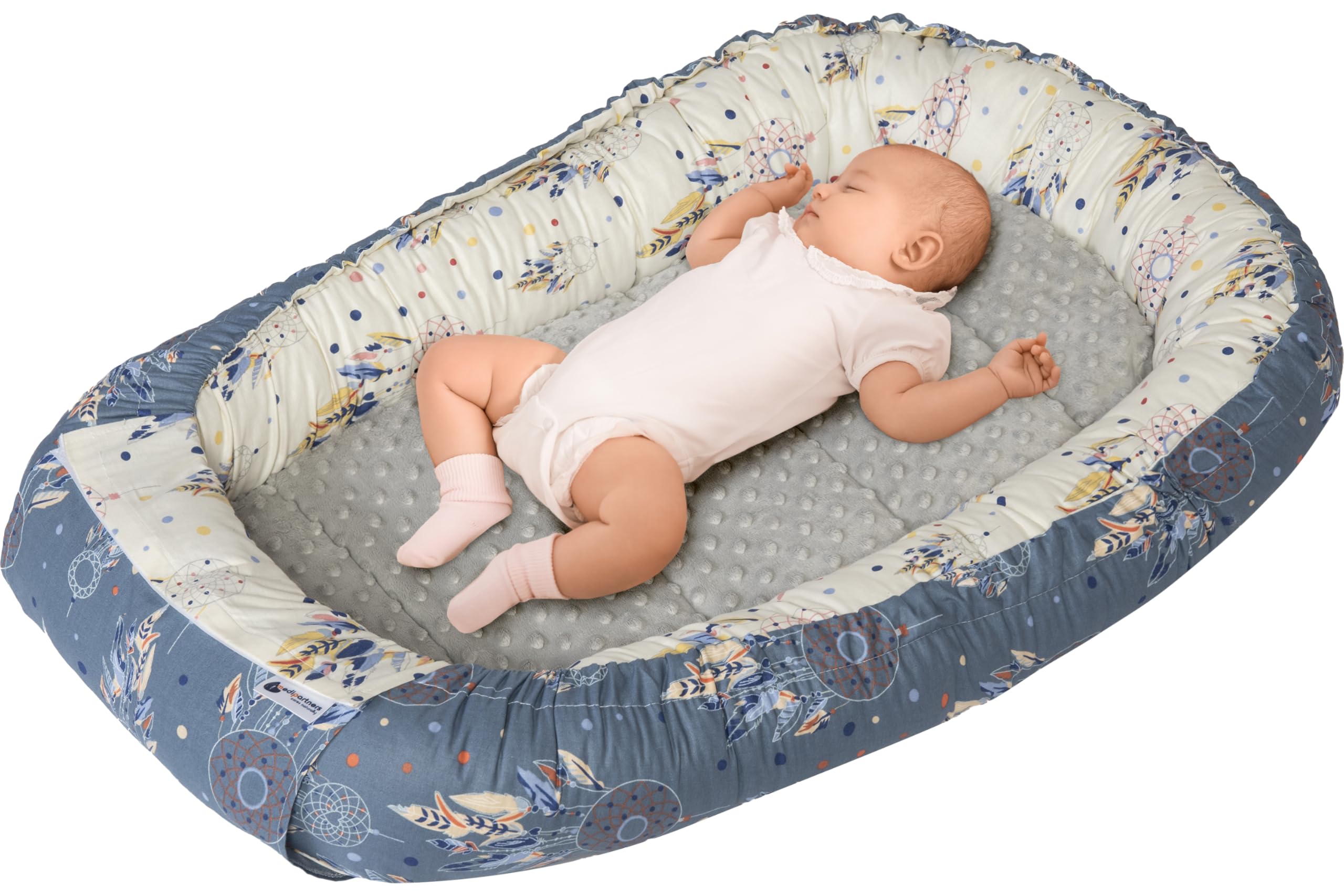 Medi Partners Baby Nest Pod for Newborn Babynest Sleep Bed - 100x60x15 Lounger Essentials 0-12 Months sleeping bilateral Cocoon 100% Cotton (Dreamcatchers with grey Plush)