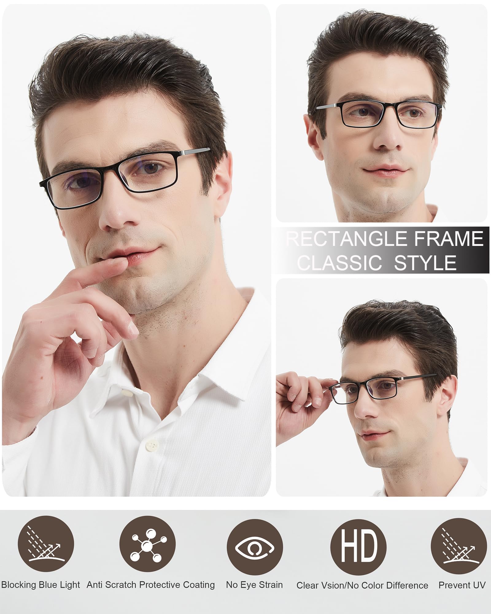 Lesebrille mit blauem Licht – 2 Stück Computerleser, Herren, Damen, Federscharnier, Schwarz/Grau, 0,5