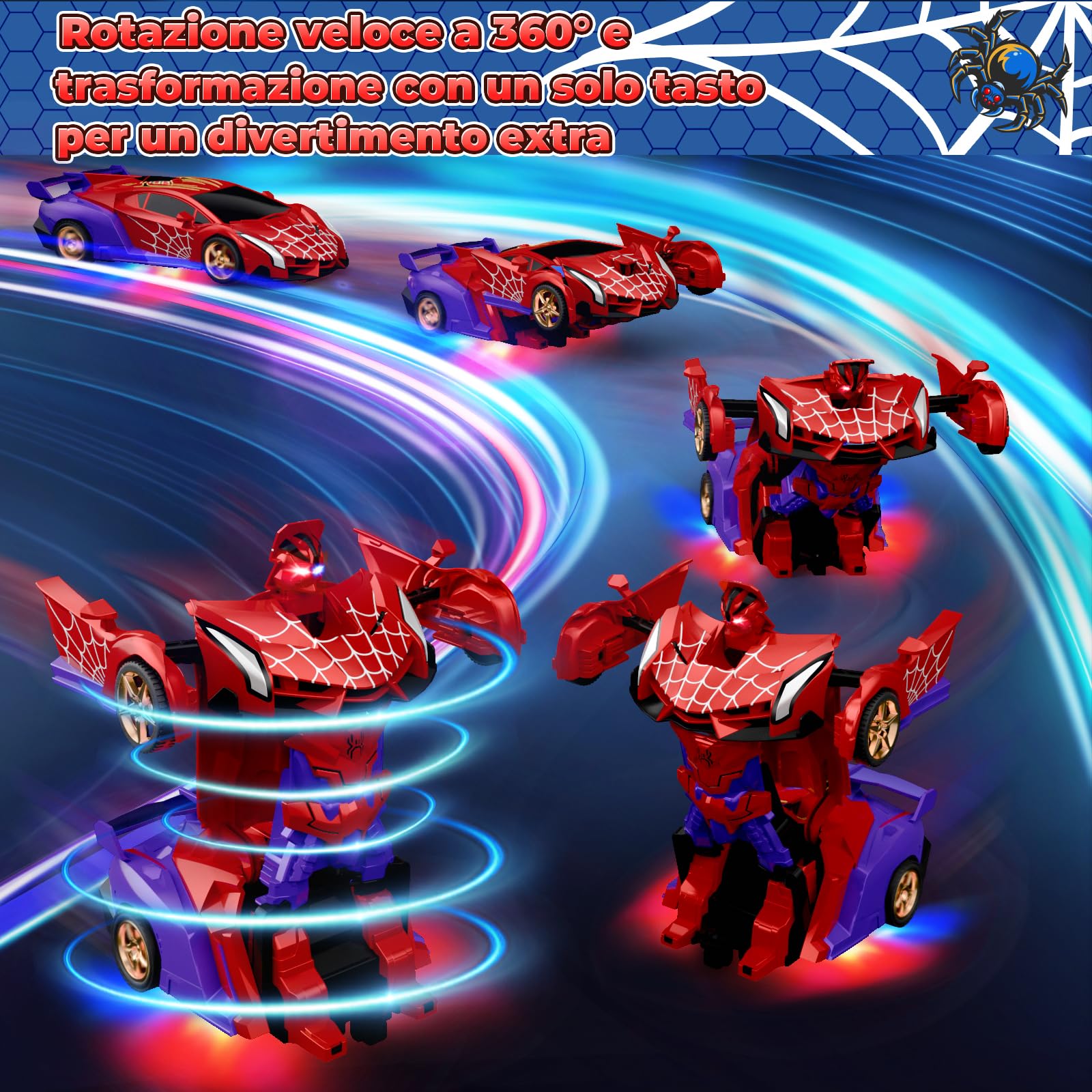 Macchina Telecomandata con Luci LED Occhi & Sotto, 2.4GHz & 360°Deriva Trasform Robot Giocattolo Gioco per Bambino 3-12 Anni, Macchinina Radiocomandata Giochi Regalo Bambini 3 4 5 6 7 8 9 Anni Maschio