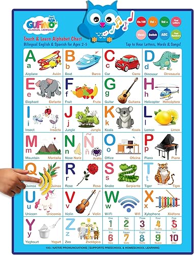 Miniatura 8 de GUFINO - Póster bilingüe del alfabeto parlante para niños pequeños aprendizaje ABC en inglés y español para niños pequeños Números colores canciones