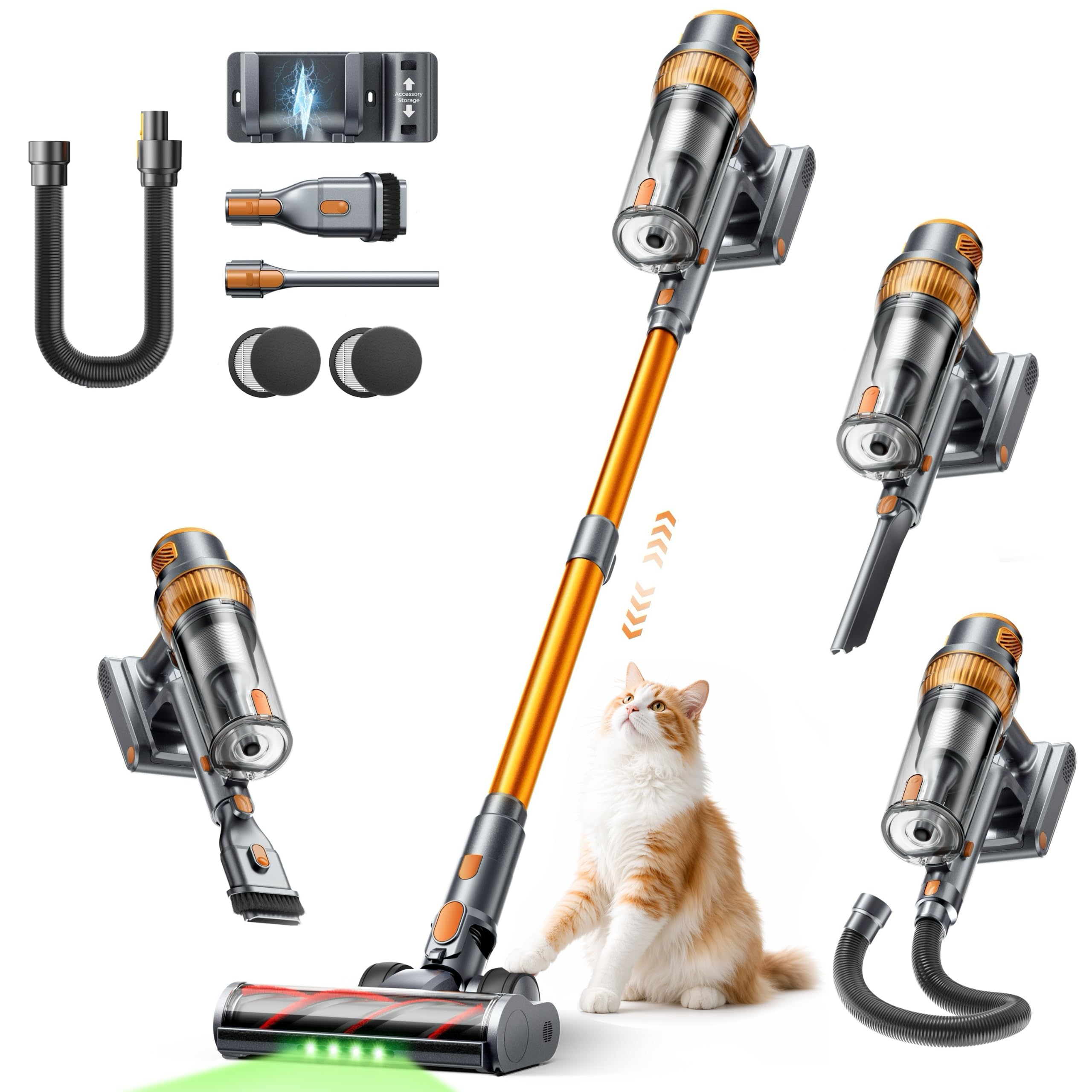 SMOTURE Cordless Vacuum Cleaner 55KPA/650W/70Min, Broom Vacuum Cleaner with 1M Hose, Anti-Tangle Brush with Light, Auto Mode, Wall Charging Base, for Pet Hair/Floors/Carpets/Car
